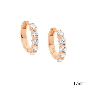 Rose Gold Plated Sterling Silver Hoop Earrings with Five Claw Set 3.5mm Cubic Zirconias 17mm E540R