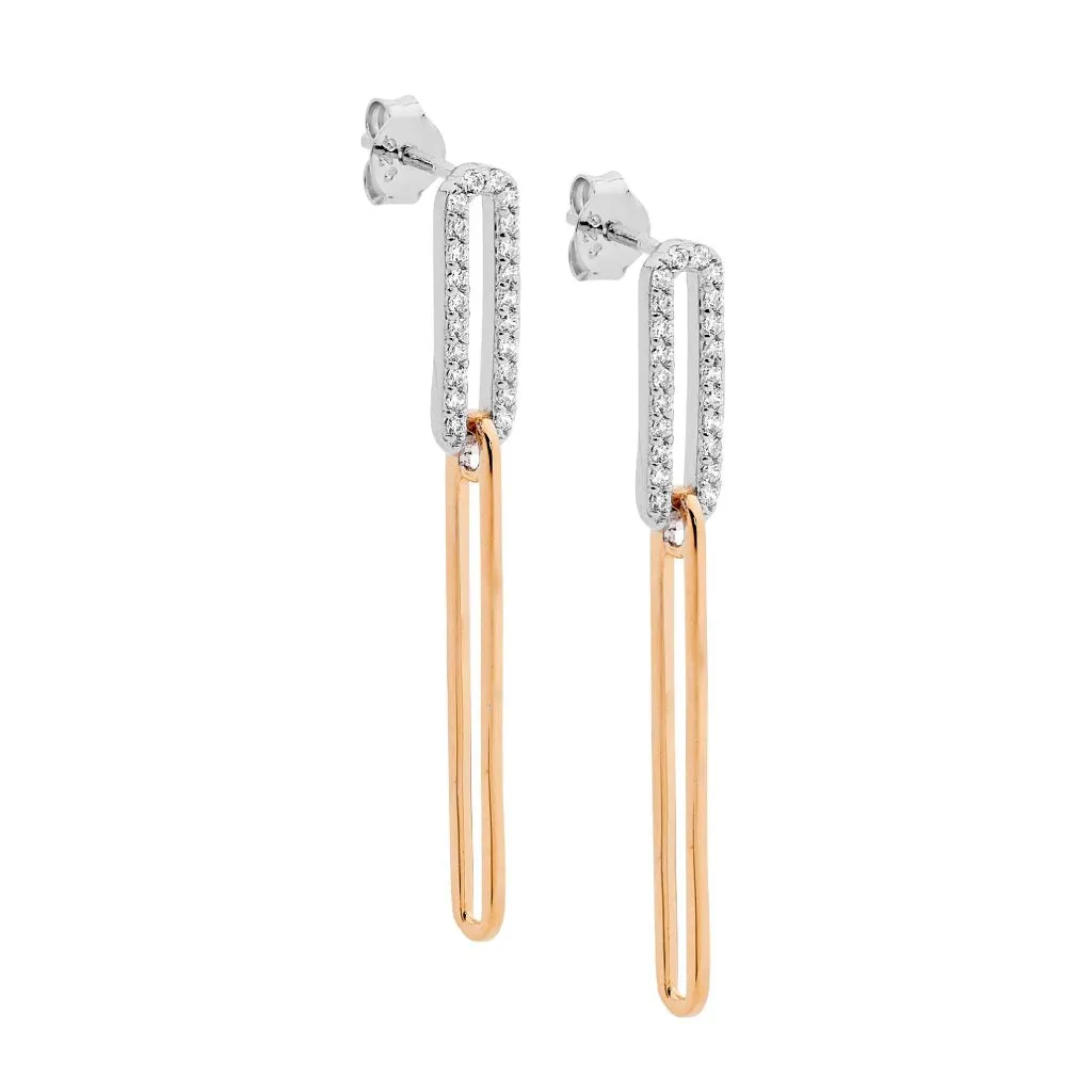 Rose Gold Plated Sterling Silver Open Oval Link Drop Earrings with Cubic Zirconias E556R