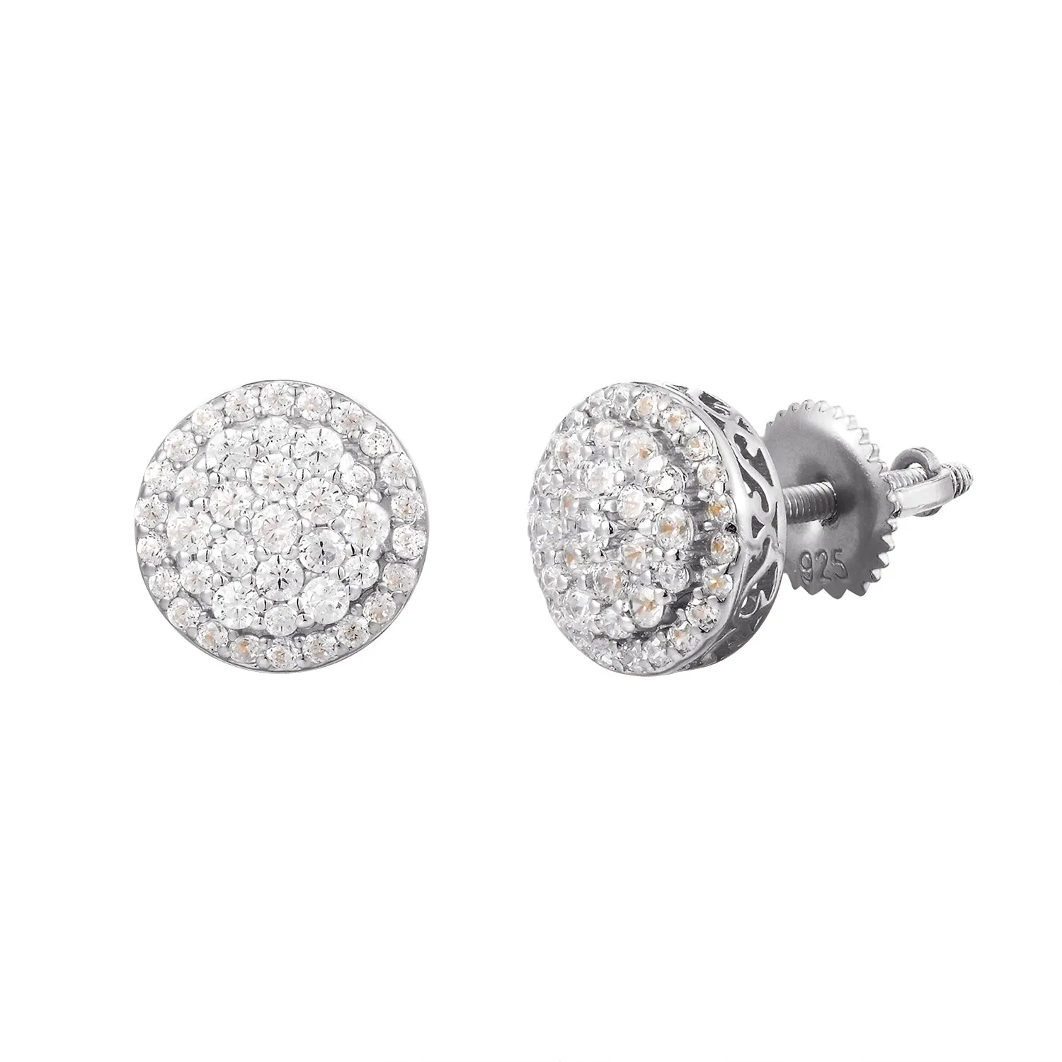 Round .925 Elegant Cluster Icy Stud Screw Back Earrings