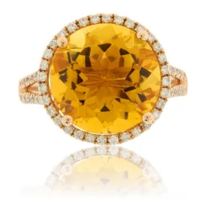 Round Citrine & Diamond Halo Ring in Rose Gold