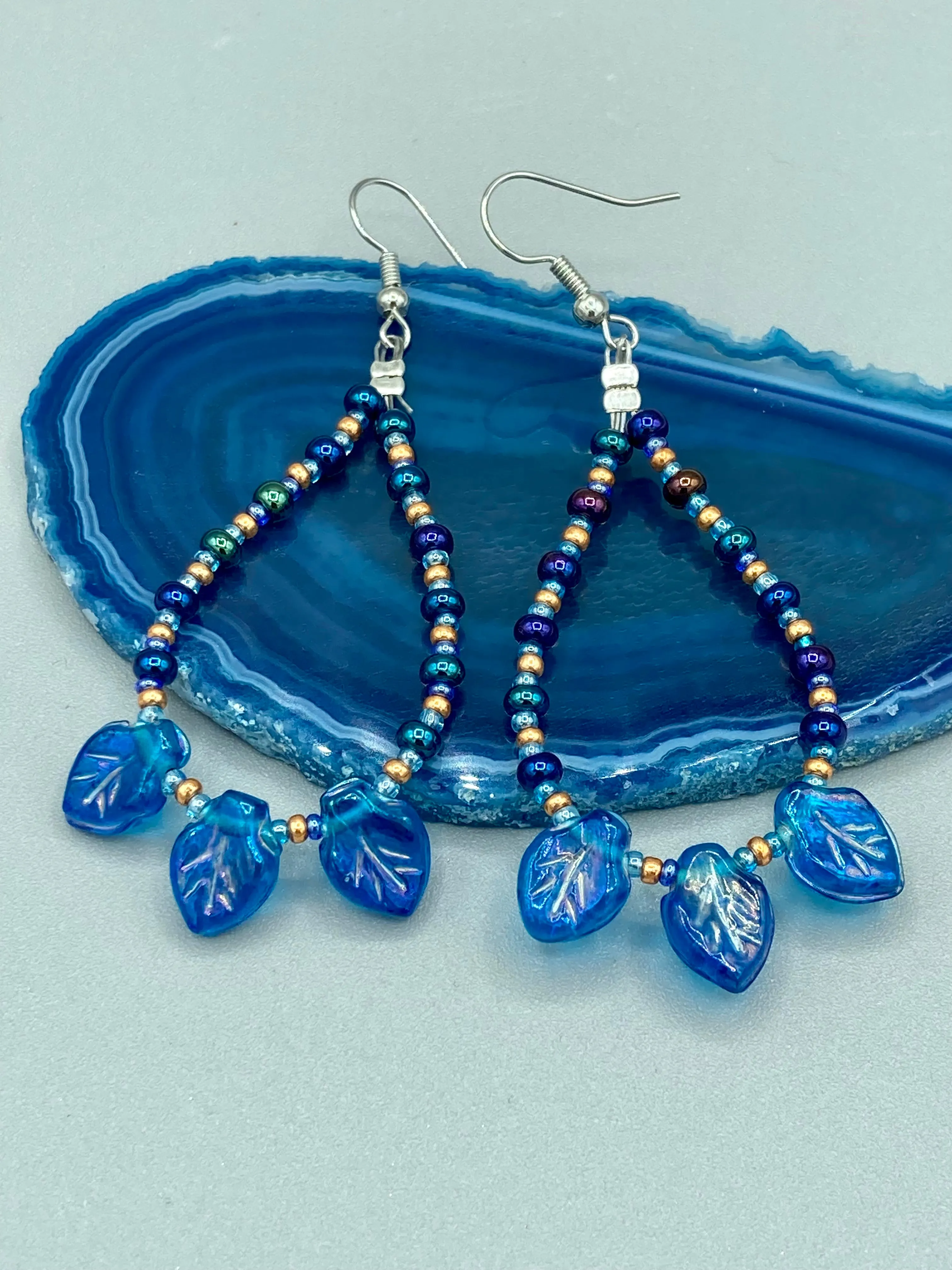 Royal Blue Pressed Glass Leaf Beaded Hoop Earrings, Hippie Vibe, Shabby Chic, Boho Chic, Nature Inspired, Bohemian