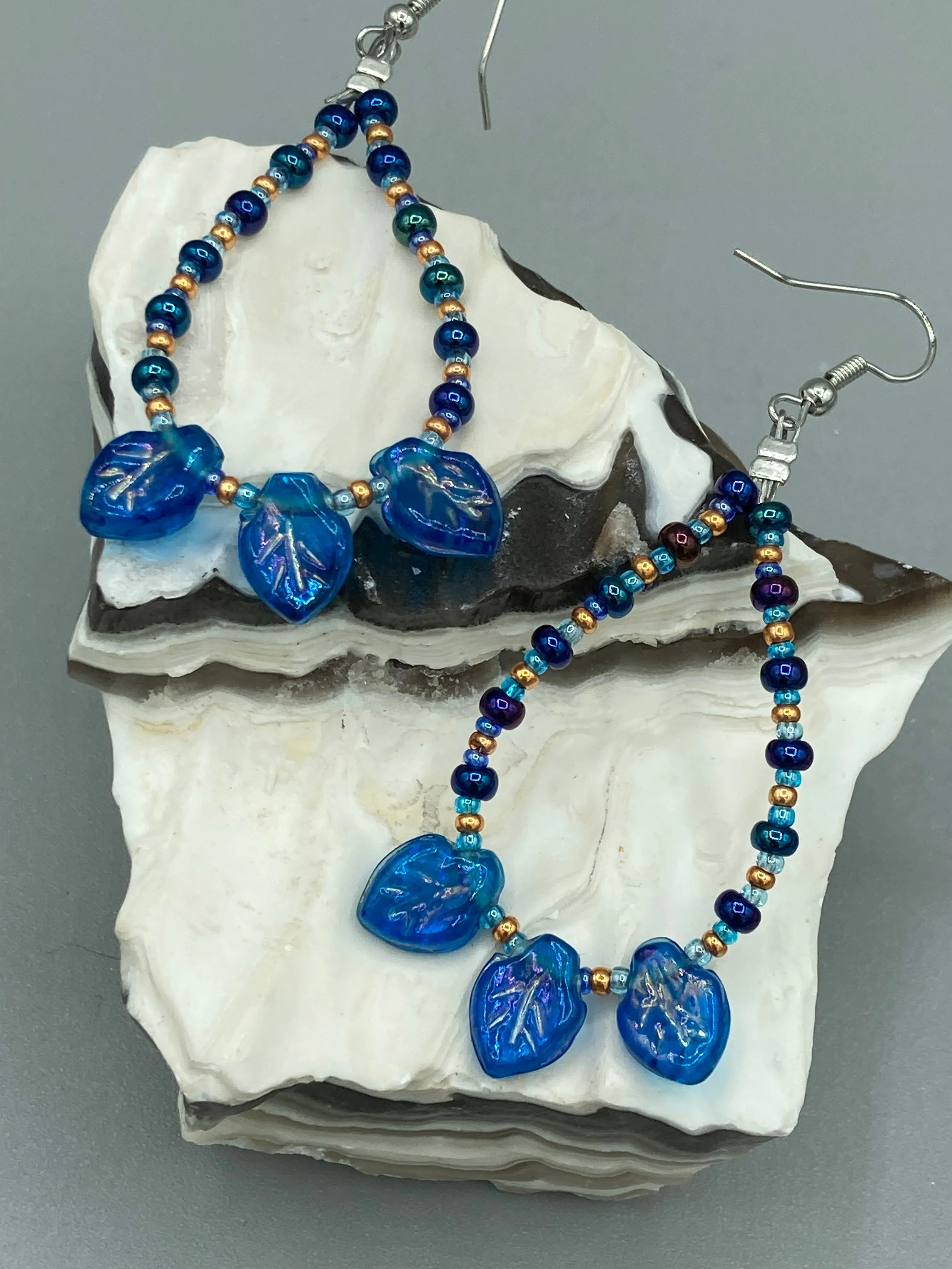 Royal Blue Pressed Glass Leaf Beaded Hoop Earrings, Hippie Vibe, Shabby Chic, Boho Chic, Nature Inspired, Bohemian