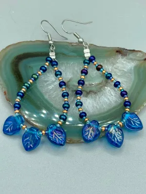Royal Blue Pressed Glass Leaf Beaded Hoop Earrings, Hippie Vibe, Shabby Chic, Boho Chic, Nature Inspired, Bohemian