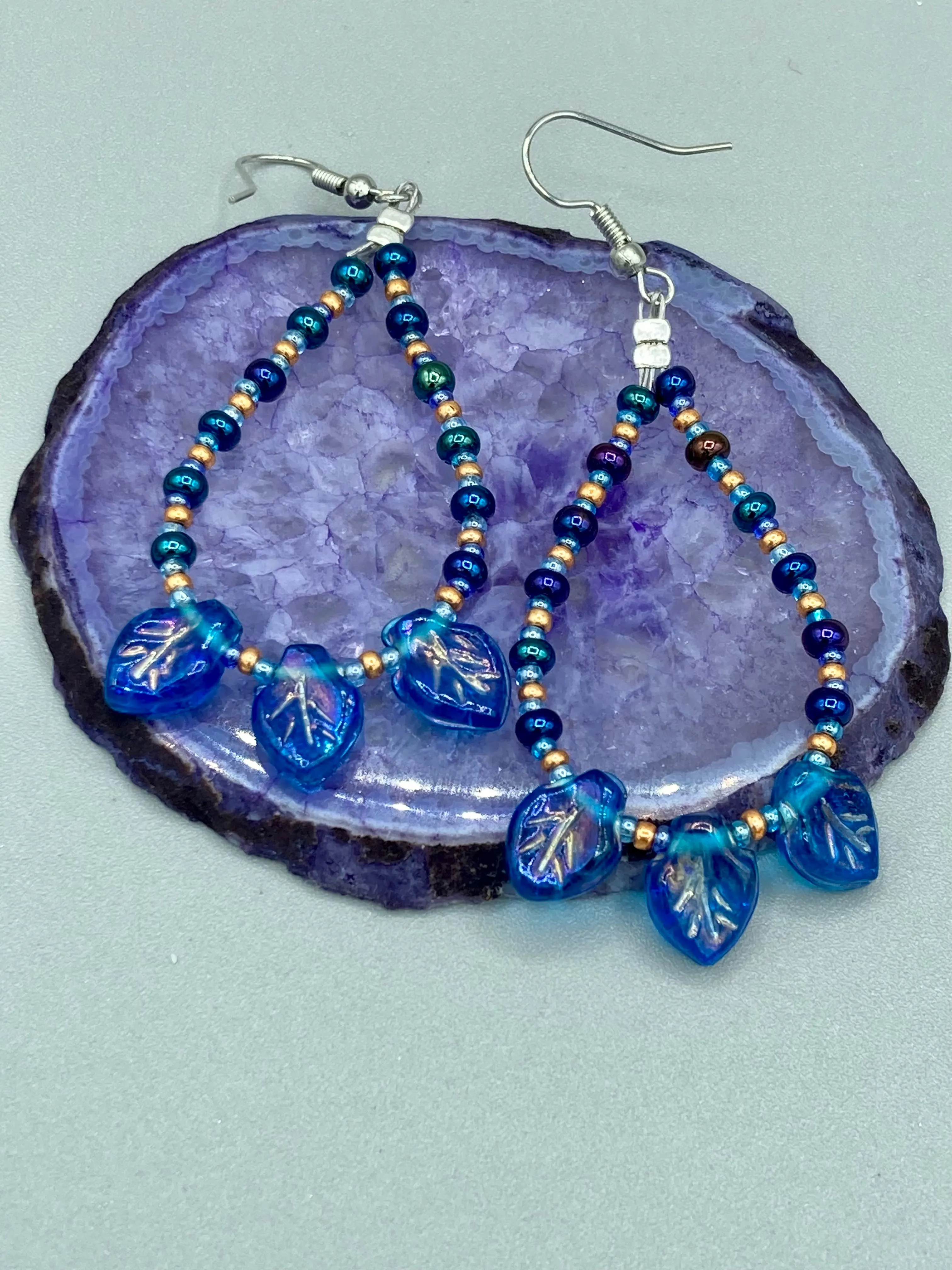 Royal Blue Pressed Glass Leaf Beaded Hoop Earrings, Hippie Vibe, Shabby Chic, Boho Chic, Nature Inspired, Bohemian