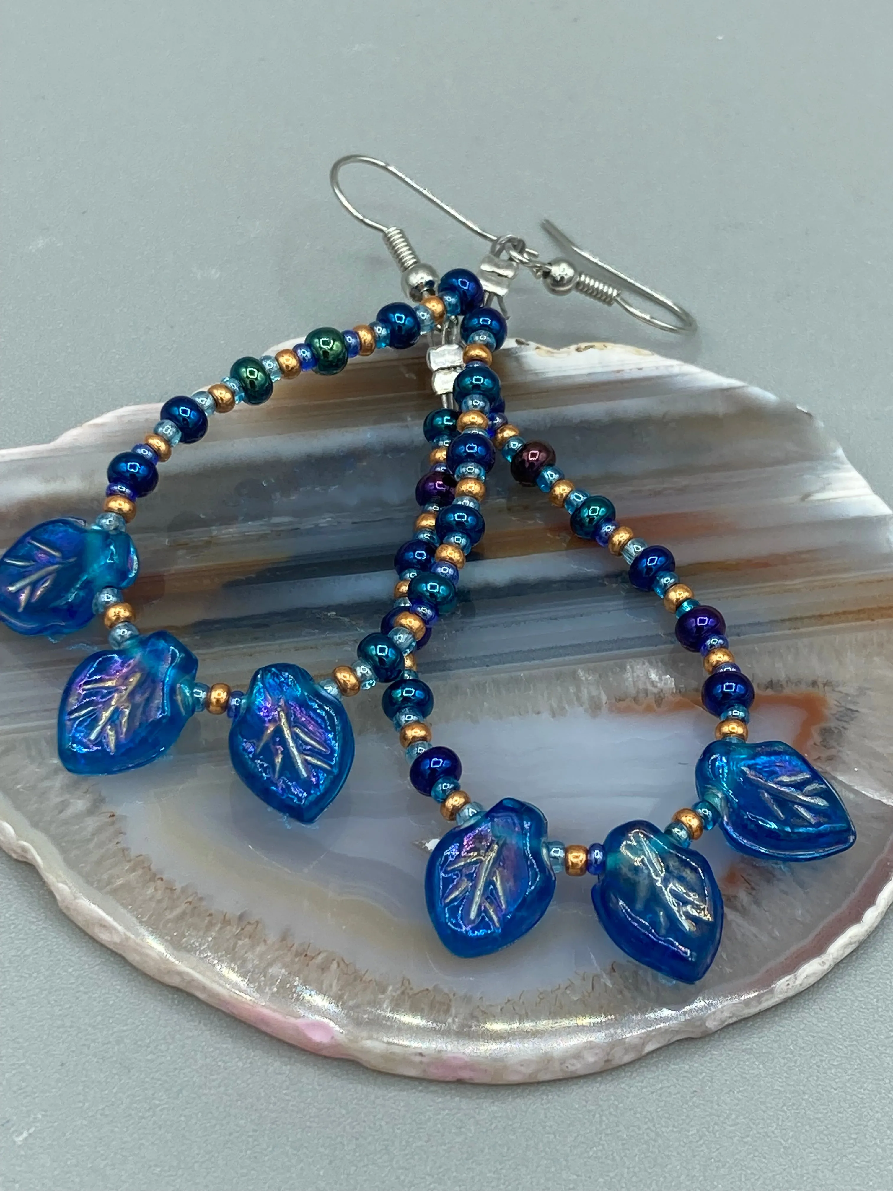 Royal Blue Pressed Glass Leaf Beaded Hoop Earrings, Hippie Vibe, Shabby Chic, Boho Chic, Nature Inspired, Bohemian
