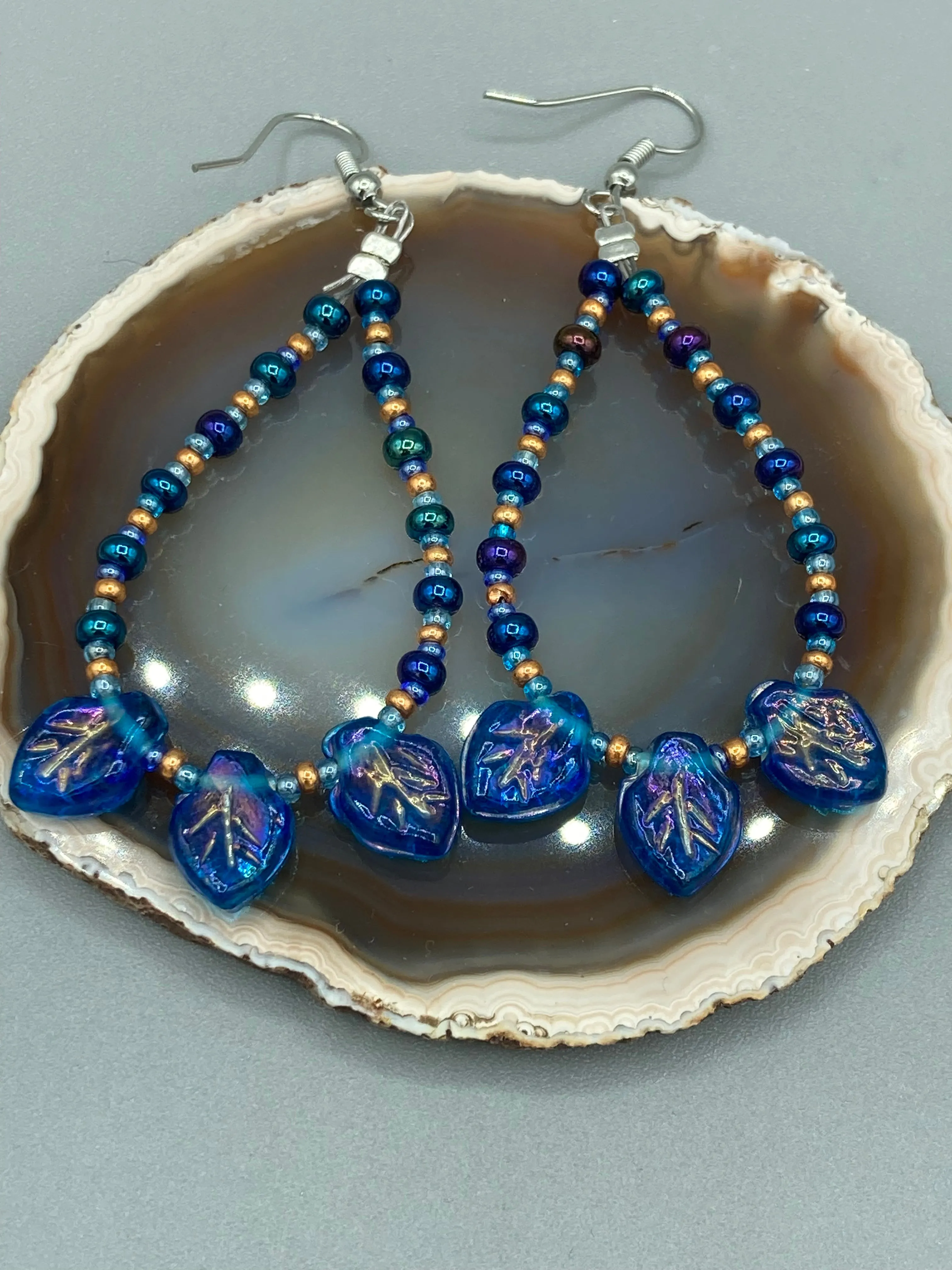 Royal Blue Pressed Glass Leaf Beaded Hoop Earrings, Hippie Vibe, Shabby Chic, Boho Chic, Nature Inspired, Bohemian