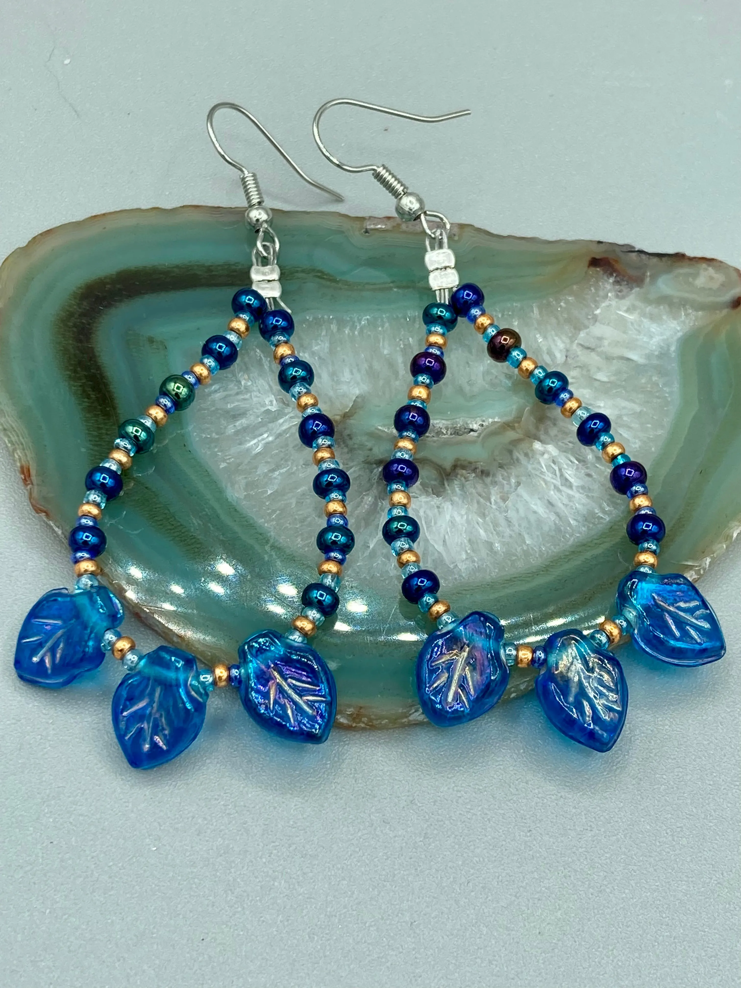 Royal Blue Pressed Glass Leaf Beaded Hoop Earrings, Hippie Vibe, Shabby Chic, Boho Chic, Nature Inspired, Bohemian
