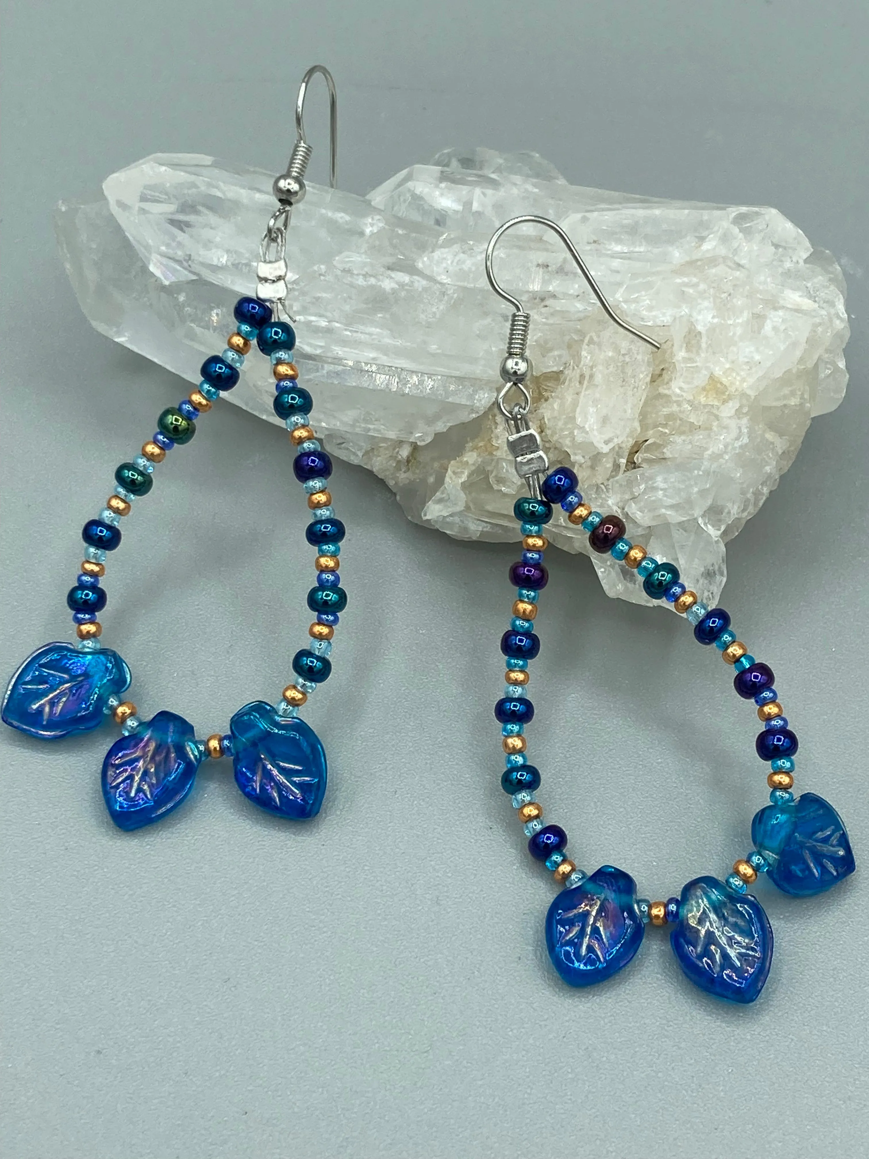Royal Blue Pressed Glass Leaf Beaded Hoop Earrings, Hippie Vibe, Shabby Chic, Boho Chic, Nature Inspired, Bohemian