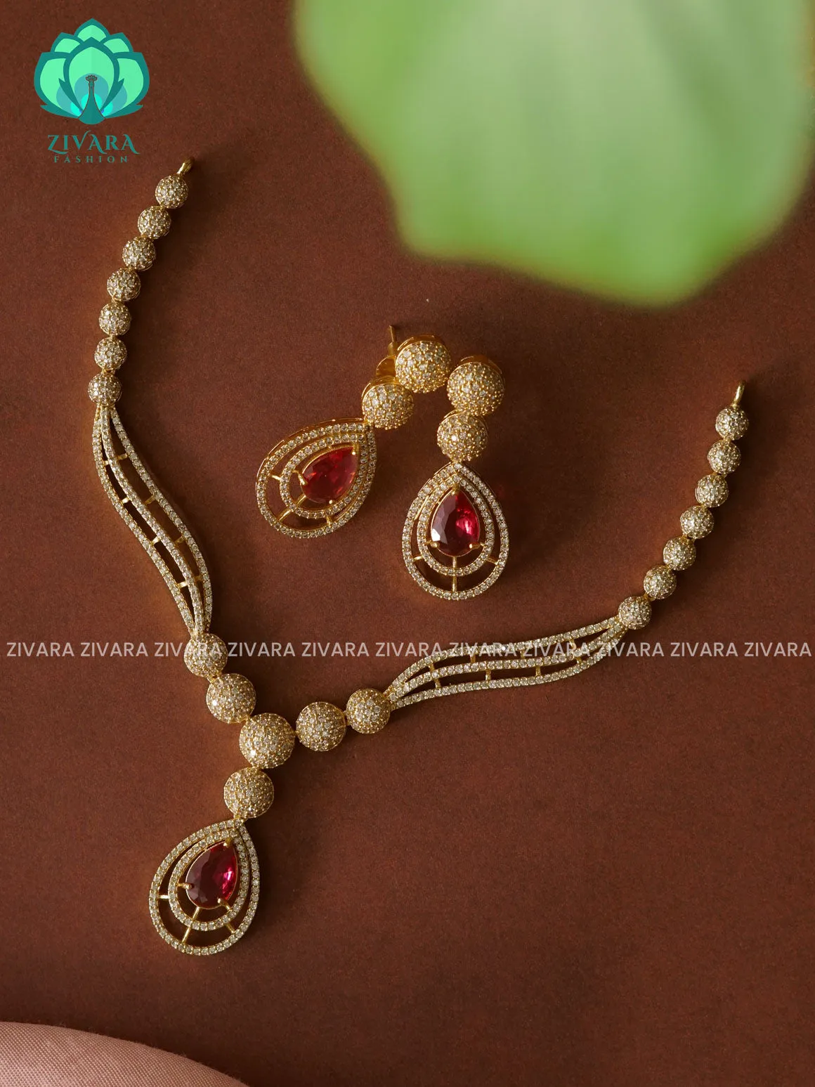RUBY DREAMY TEAR PENDANT   - stylish and minimal elegant neckwear with earrings- Zivara Fashion