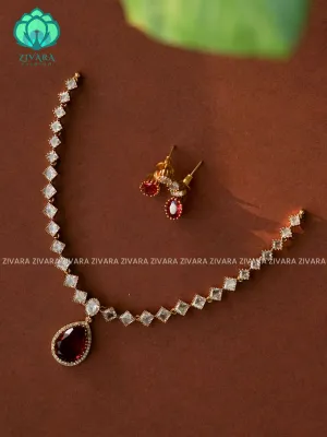 RUBY - TEAR PENDANT AND DIAMOND  MOTIF SMALL SIZE KIDS FRIENDLY  - stylish and minimal elegant neckwear with earrings- Zivara Fashion