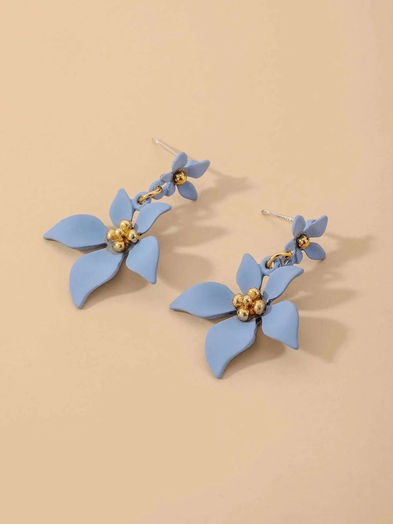 S925 Sterling Silver Post Double Flower Earrings, Lightweight Statement Blue Pink or Yellow Floral Prom Stud Earrings
