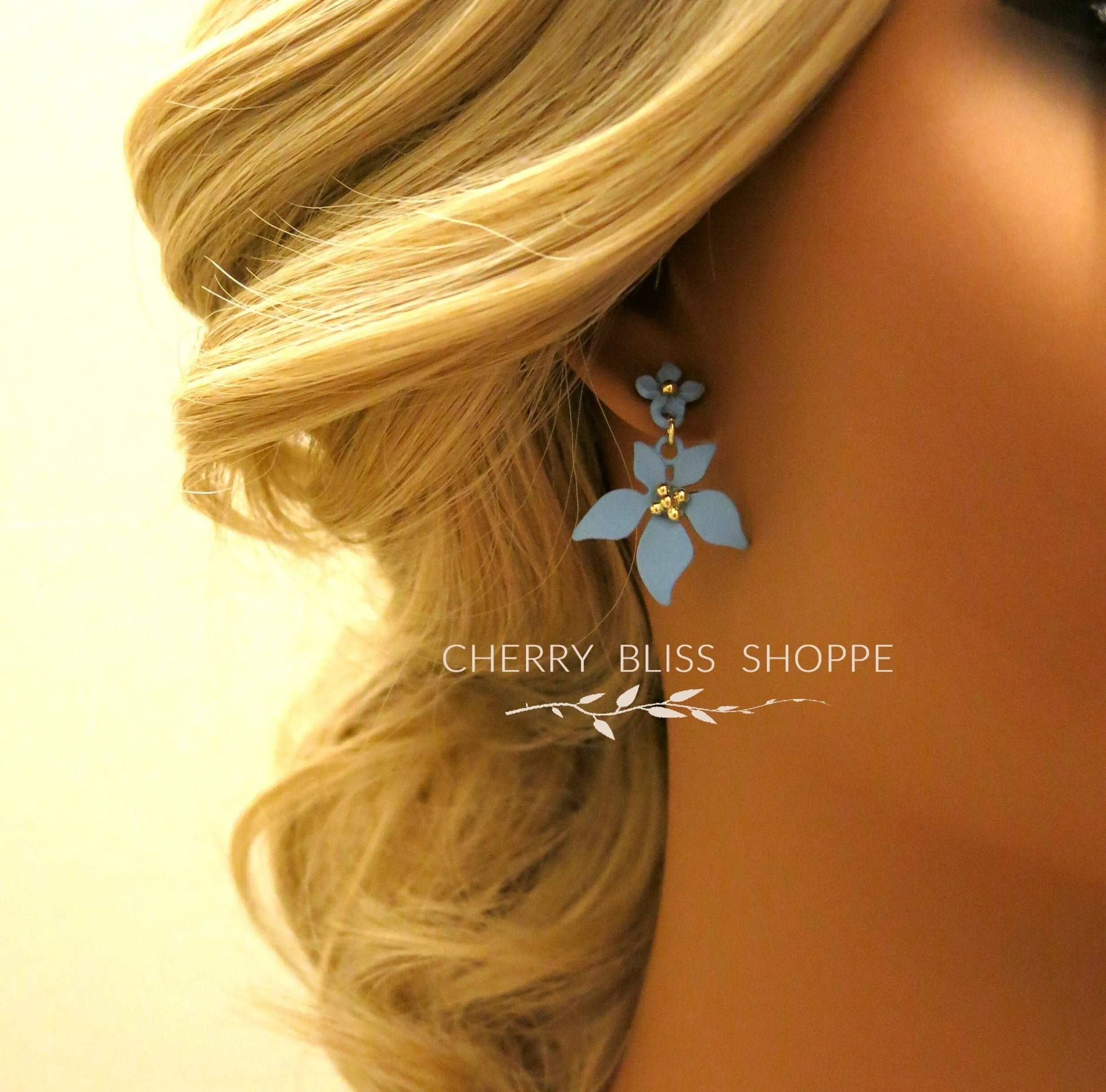 S925 Sterling Silver Post Double Flower Earrings, Lightweight Statement Blue Pink or Yellow Floral Prom Stud Earrings