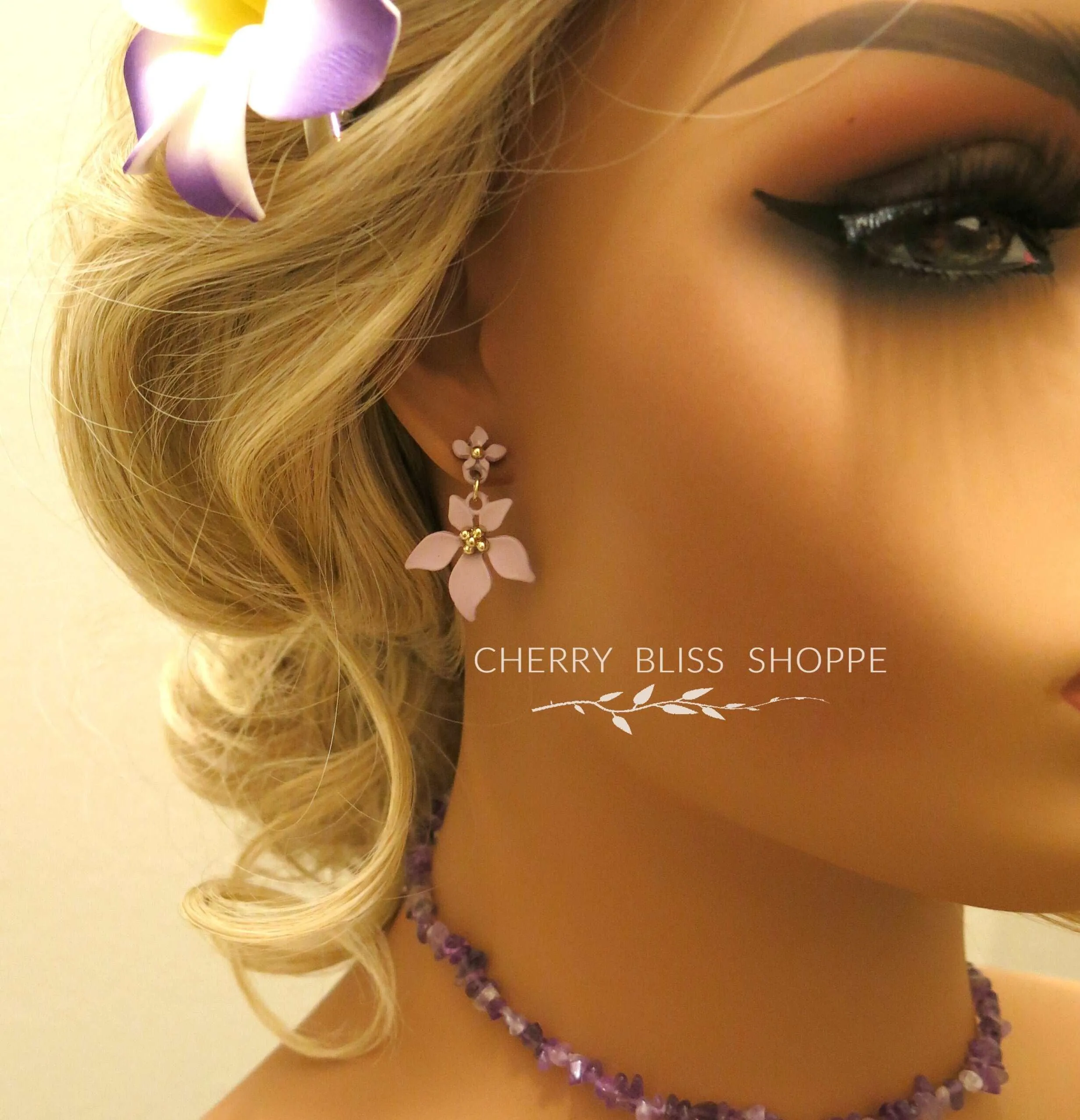 S925 Sterling Silver Post Double Flower Earrings, Lightweight Statement Blue Pink or Yellow Floral Prom Stud Earrings