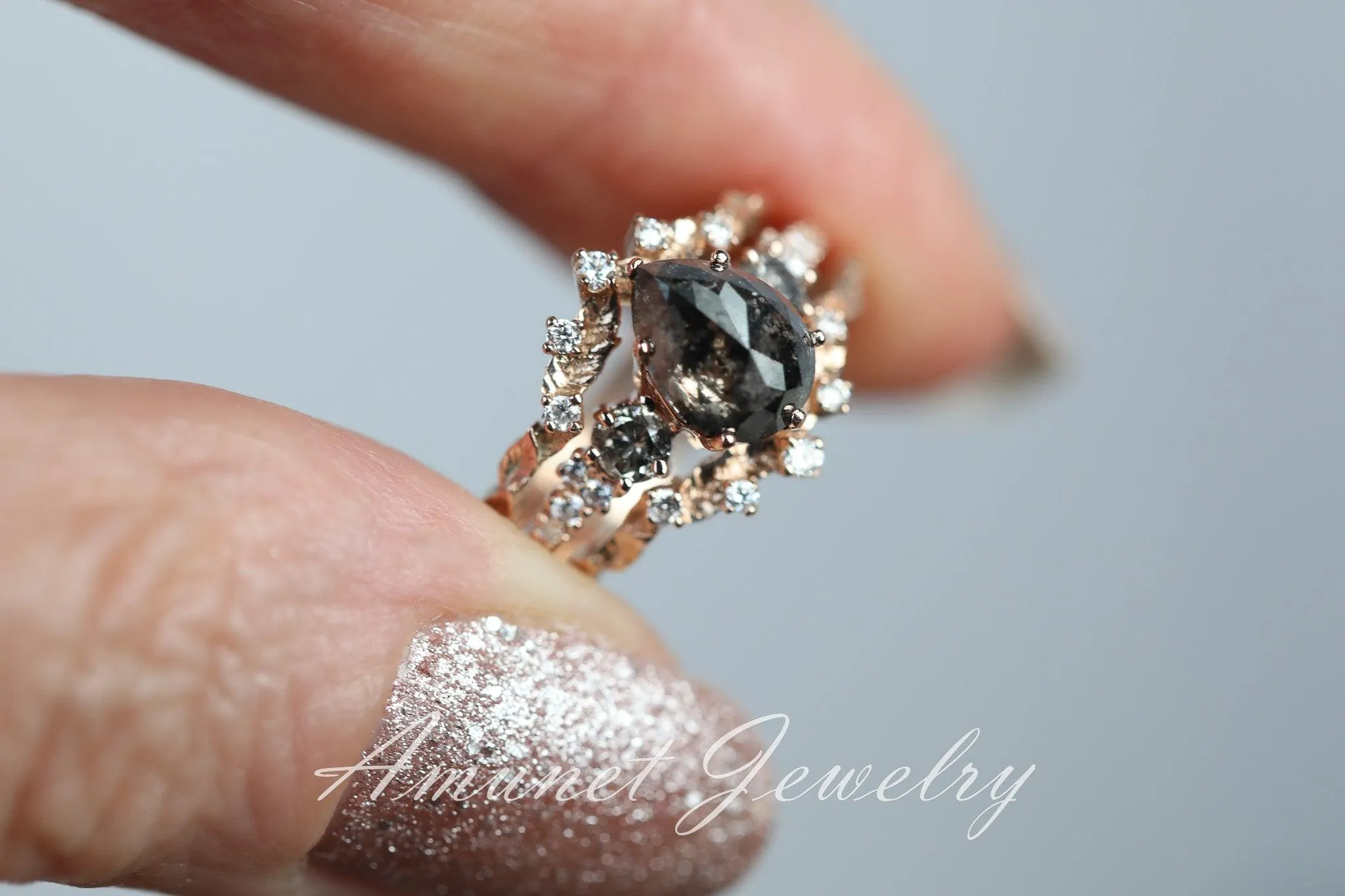 Salt and pepper diamond ring, engagement ring, leaf design ring, unique ring.