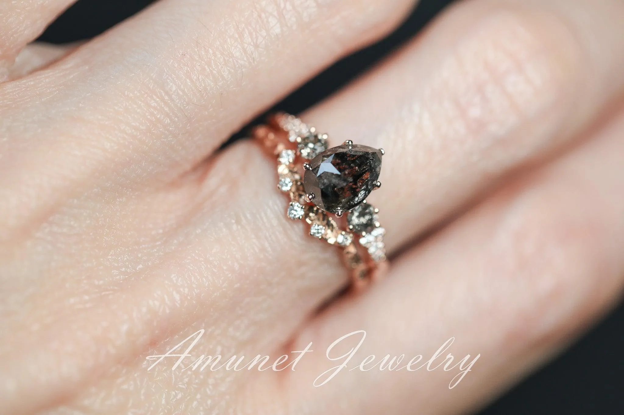 Salt and pepper diamond ring, engagement ring, leaf design ring, unique ring.