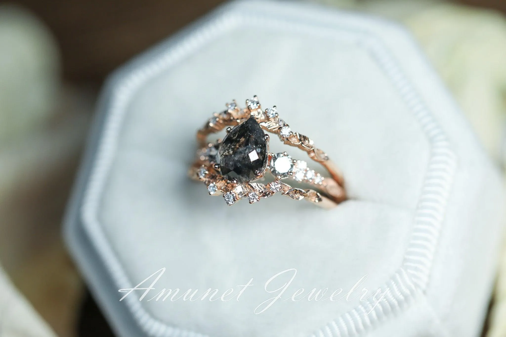 Salt and pepper diamond ring, engagement ring, leaf design ring, unique ring.