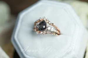 Salt and pepper diamond ring, engagement ring, leaf design ring, unique ring.
