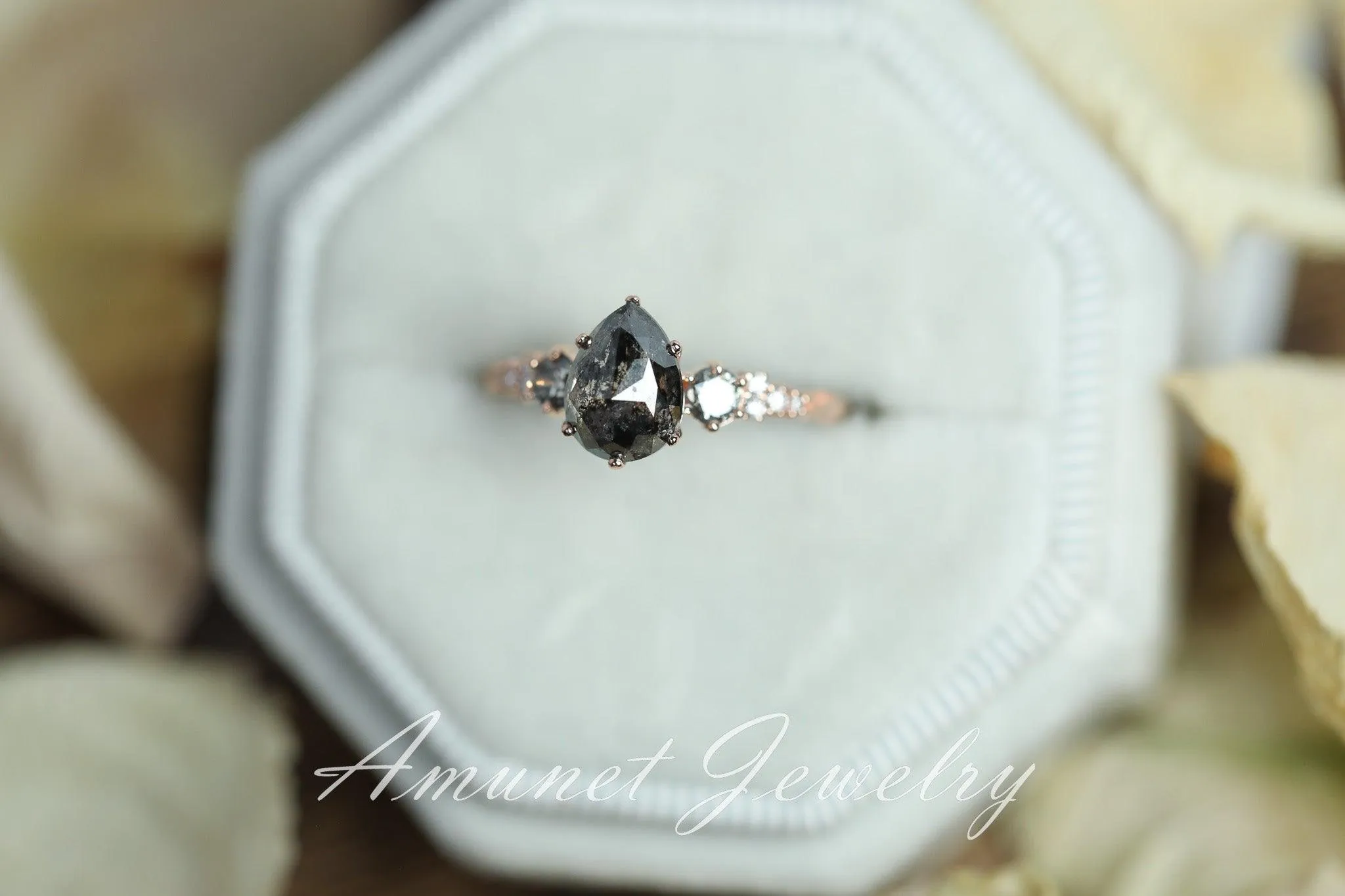 Salt and pepper diamond ring, engagement ring, leaf design ring, unique ring.