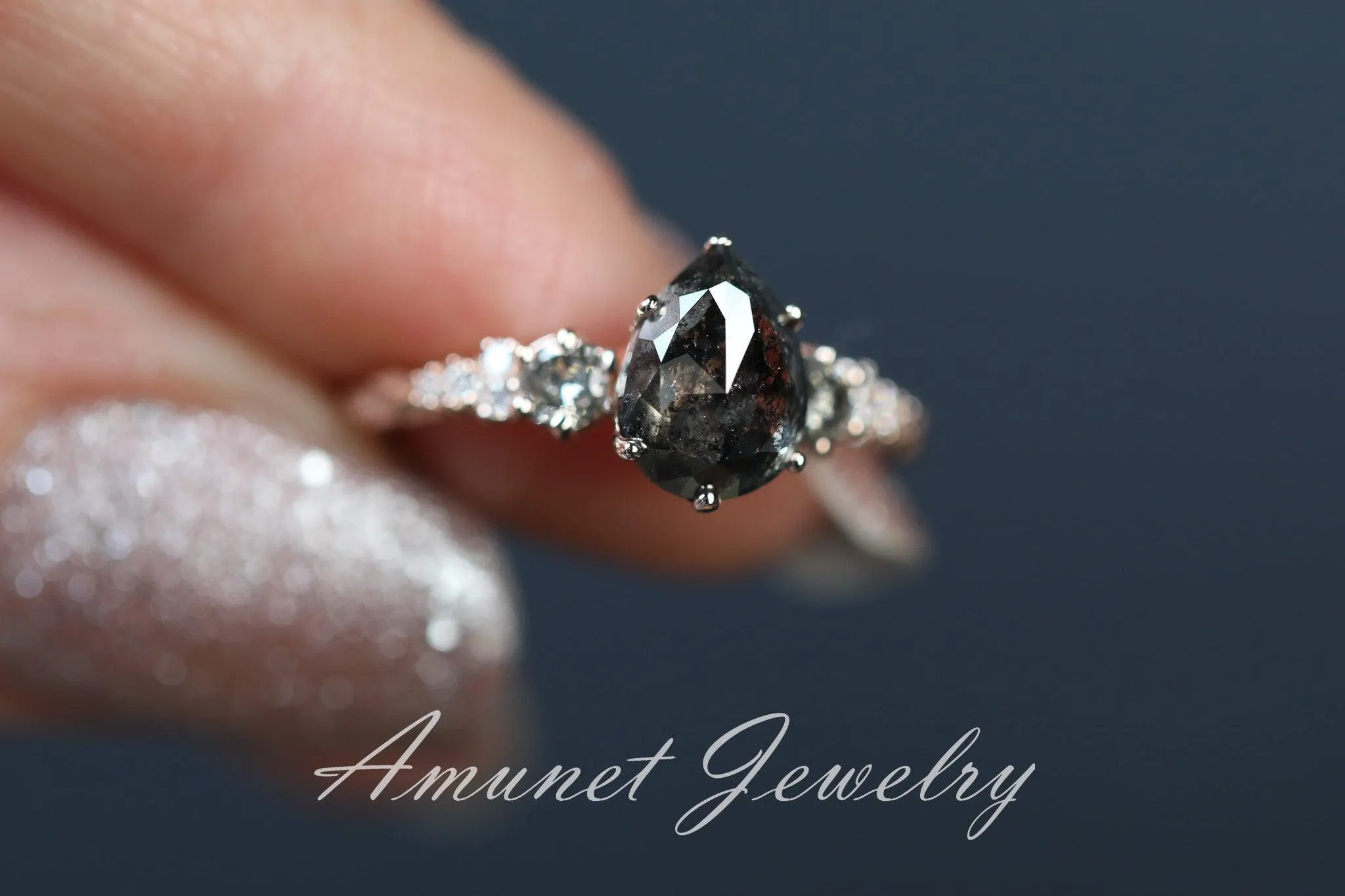 Salt and pepper diamond ring, engagement ring, leaf design ring, unique ring.