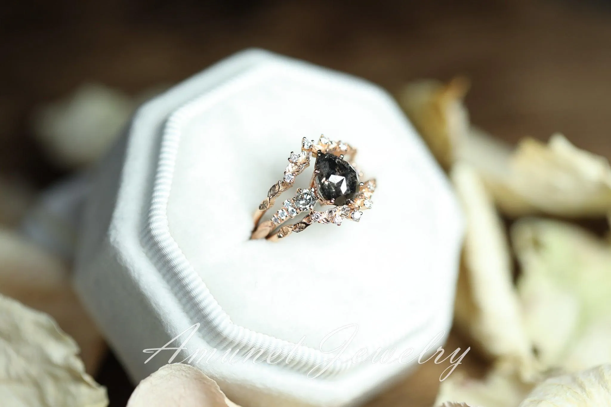 Salt and pepper diamond ring, engagement ring, leaf design ring, unique ring.