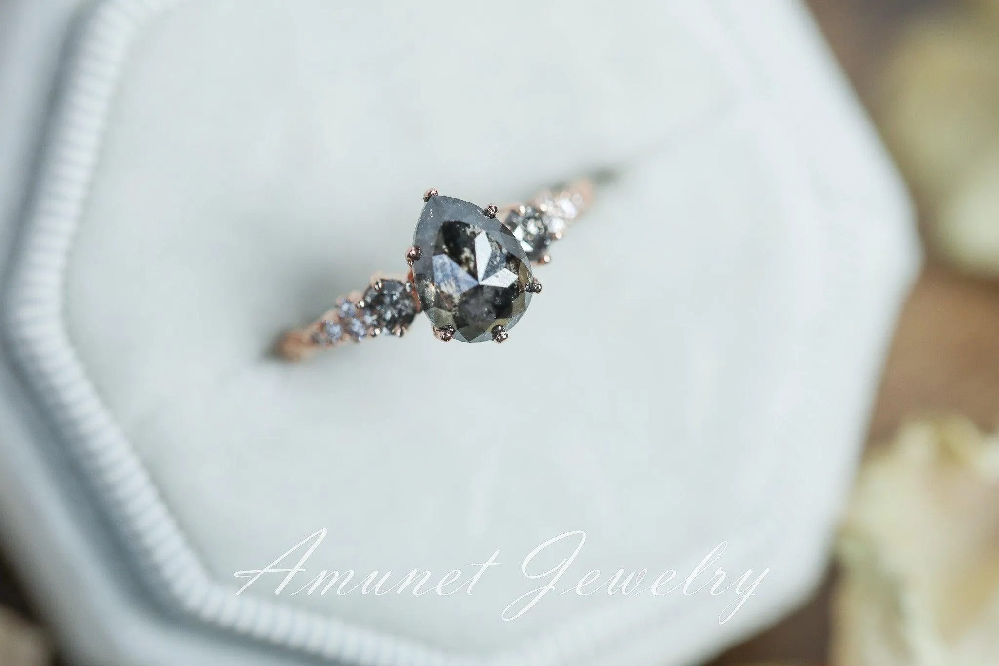 Salt and pepper diamond ring, engagement ring, leaf design ring, unique ring.
