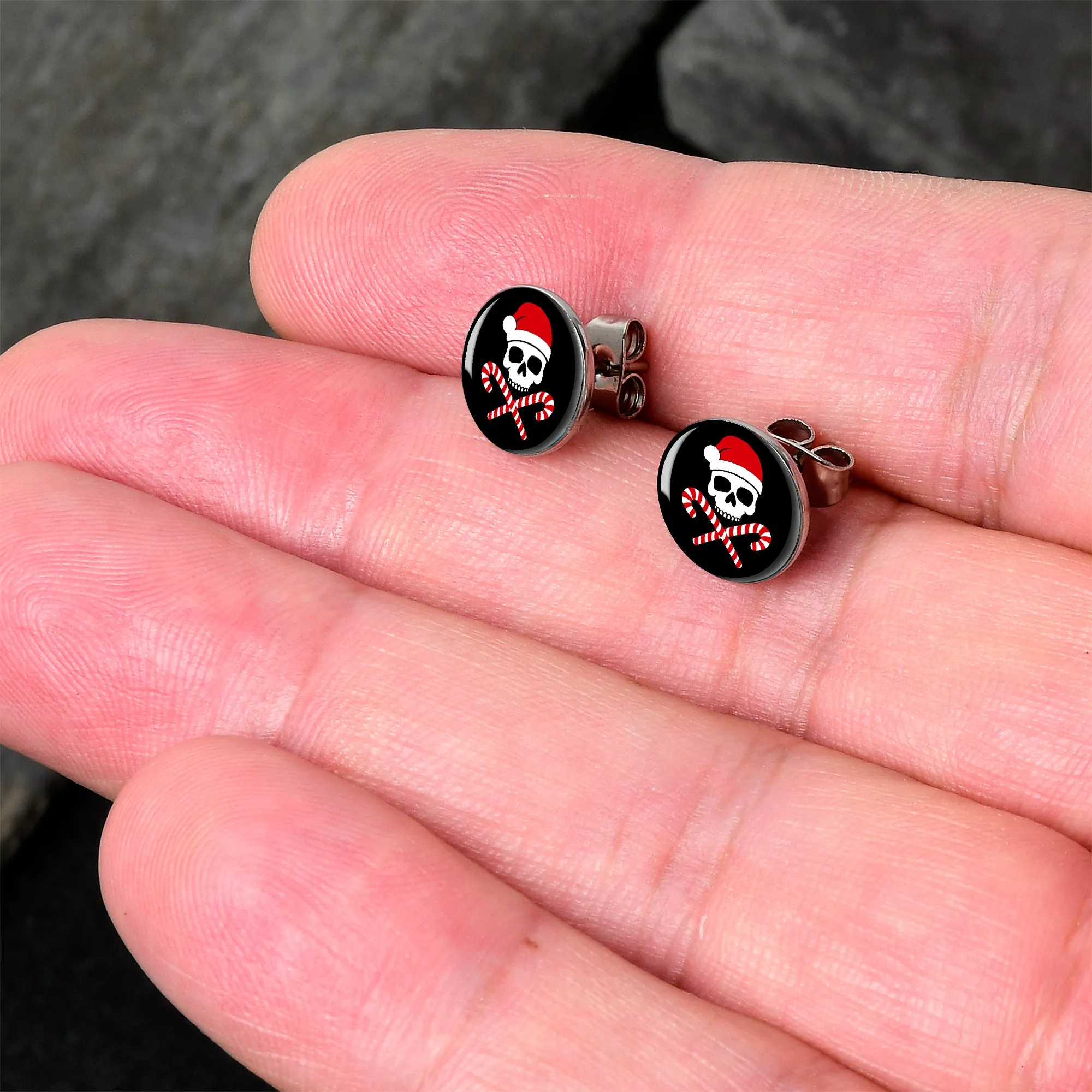 Santa Pirate Candy Cane Skull Stud Earrings