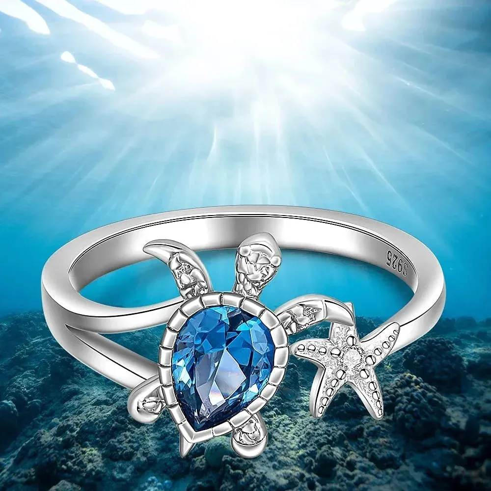 Sea Turtle Starfish Rings for Women Blue Topaz Cute Ocean Animal Cubic Zirconia Jewelry Girl Birthday Party