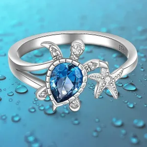 Sea Turtle Starfish Rings for Women Blue Topaz Cute Ocean Animal Cubic Zirconia Jewelry Girl Birthday Party