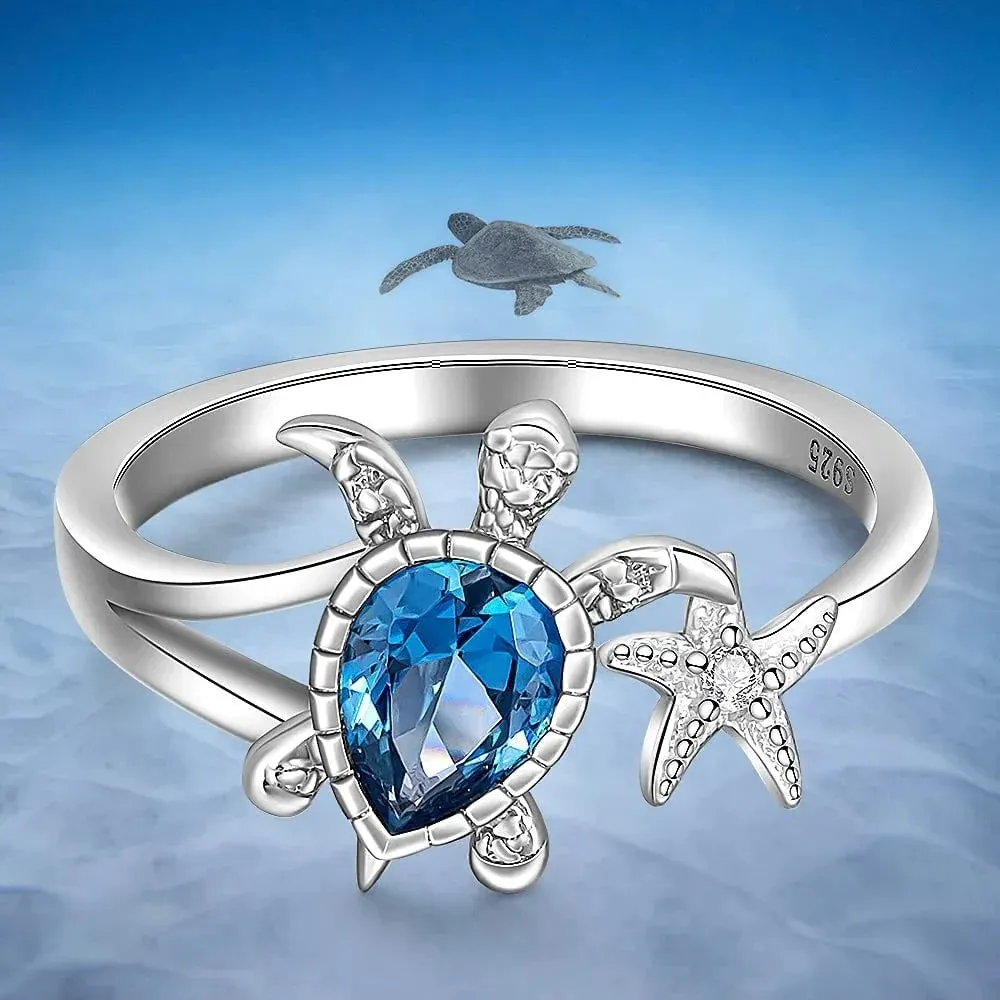 Sea Turtle Starfish Rings for Women Blue Topaz Cute Ocean Animal Cubic Zirconia Jewelry Girl Birthday Party