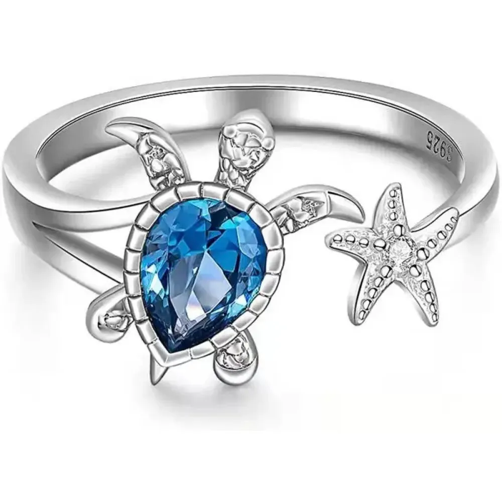 Sea Turtle Starfish Rings for Women Blue Topaz Cute Ocean Animal Cubic Zirconia Jewelry Girl Birthday Party