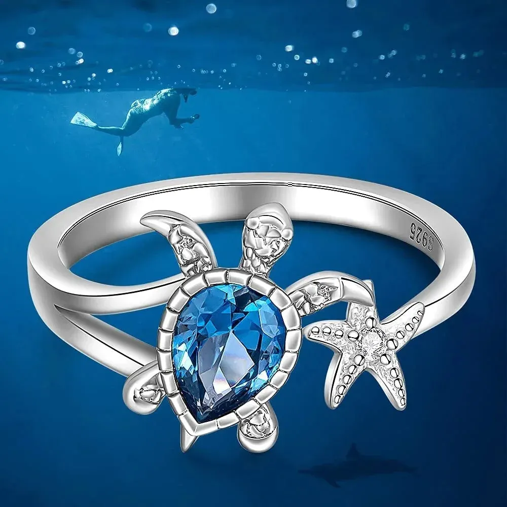 Sea Turtle Starfish Rings for Women Blue Topaz Cute Ocean Animal Cubic Zirconia Jewelry Girl Birthday Party