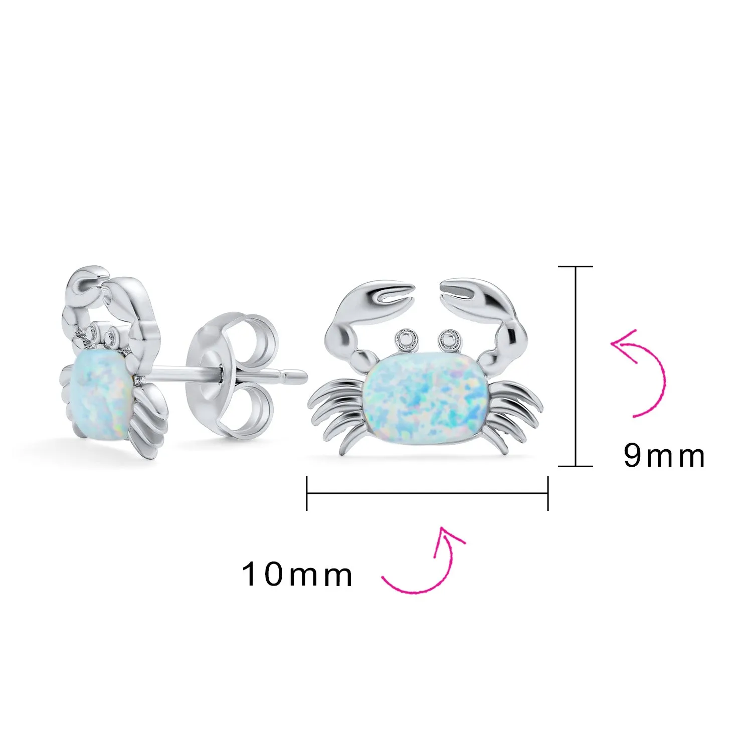 Set of 2 Small Created Blue White Opal Crab Stud Earrings Sterling Silver