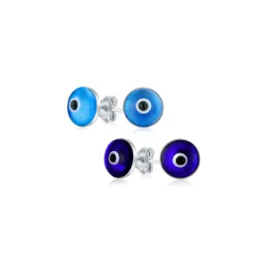 Set of 2 Spiritual Protection Evil Eye Stud Earrings Murano Glass Silver 9MM
