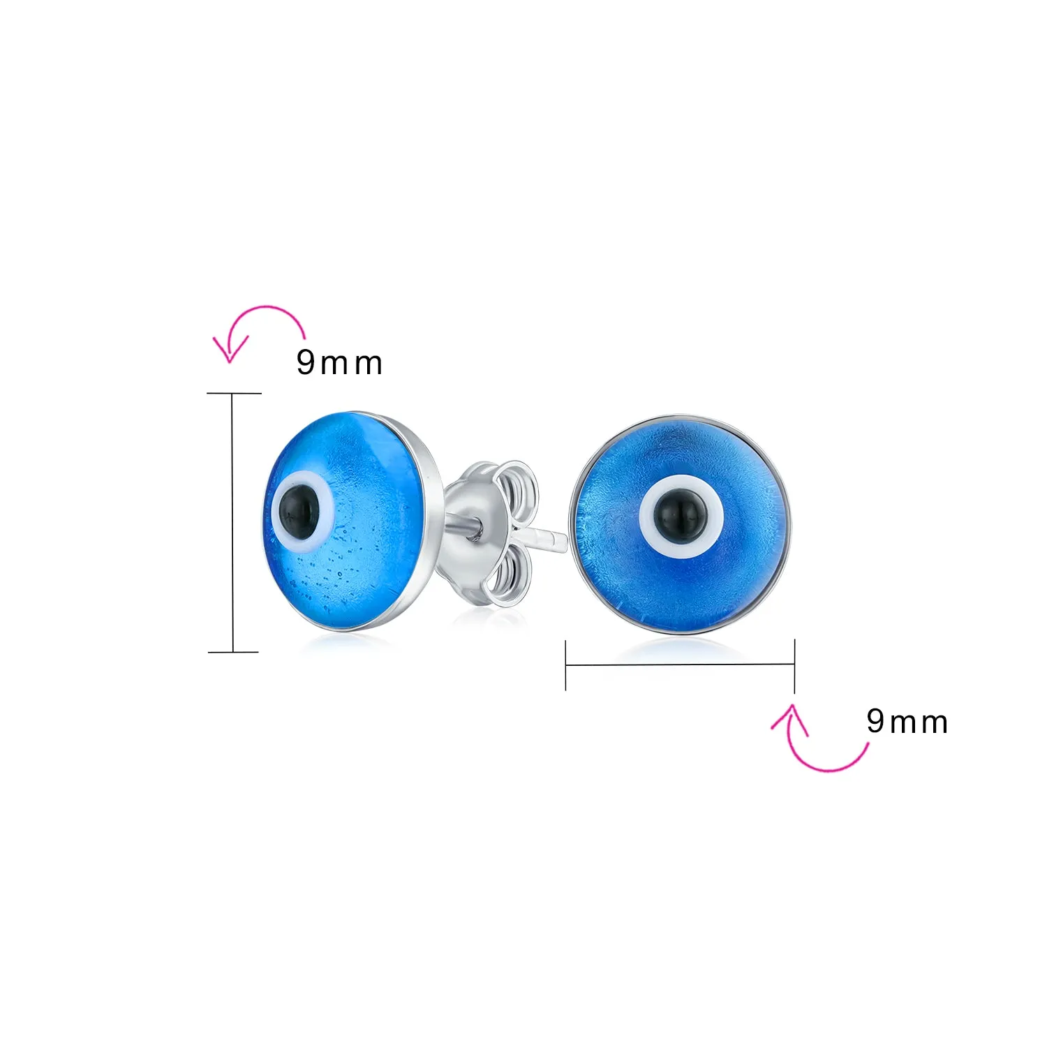 Set of 2 Spiritual Protection Evil Eye Stud Earrings Murano Glass Silver 9MM