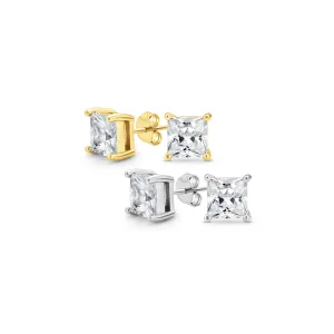 Set of 2 Square Princess CZ Stud Earrings Silver Gold Sterling Silver