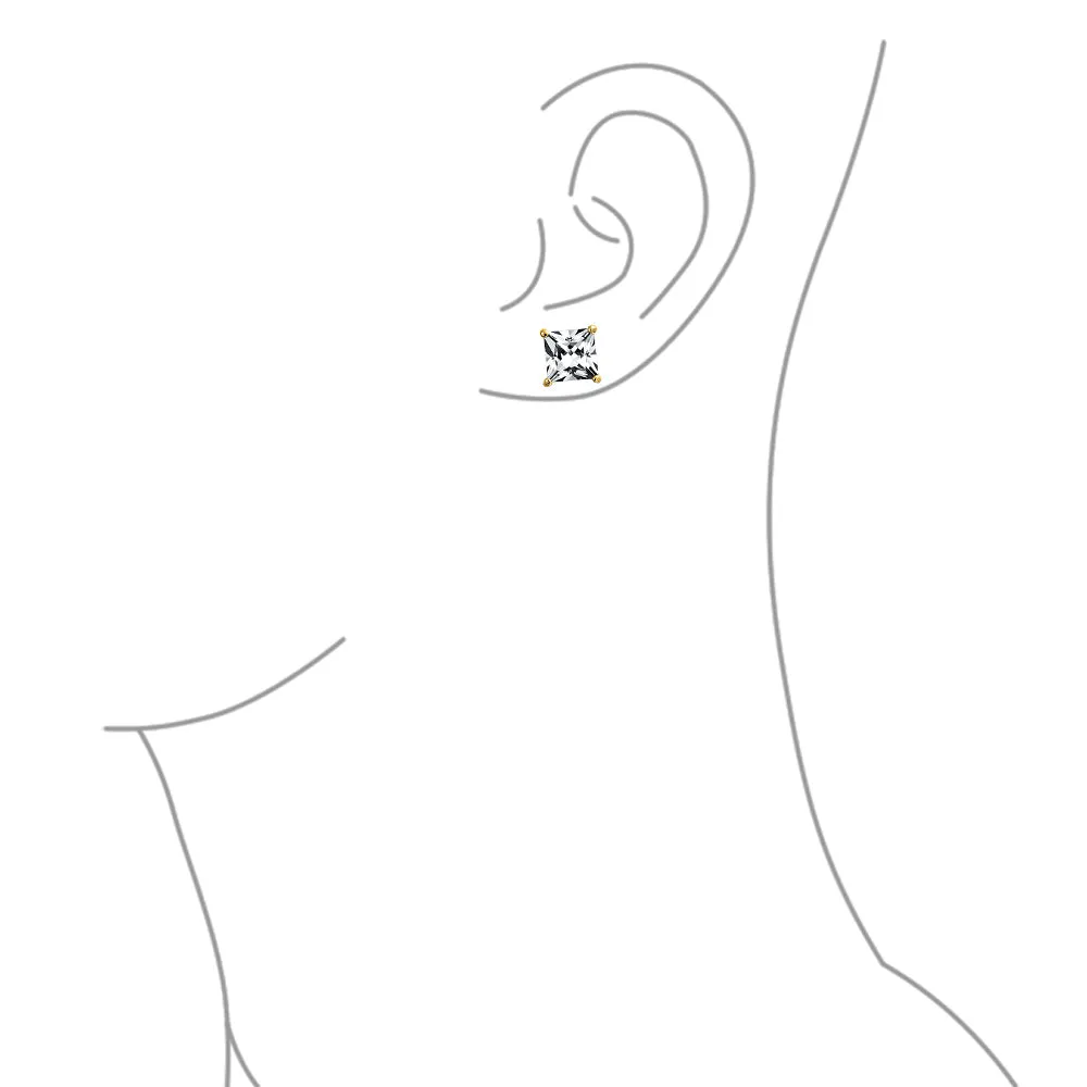 Set of 2 Square Princess CZ Stud Earrings Silver Gold Sterling Silver
