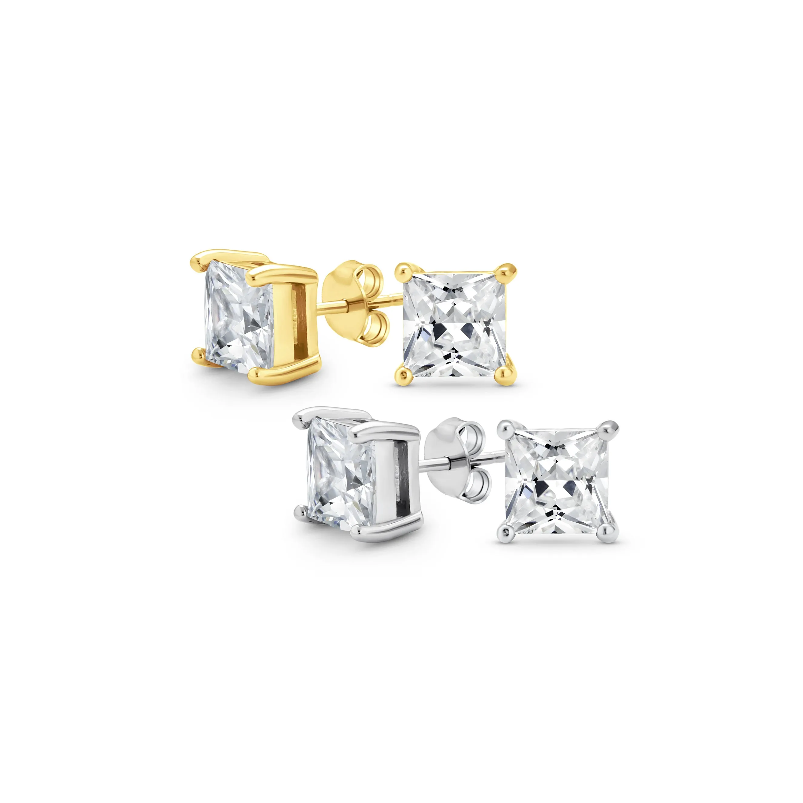 Set of 2 Square Princess CZ Stud Earrings Silver Gold Sterling Silver