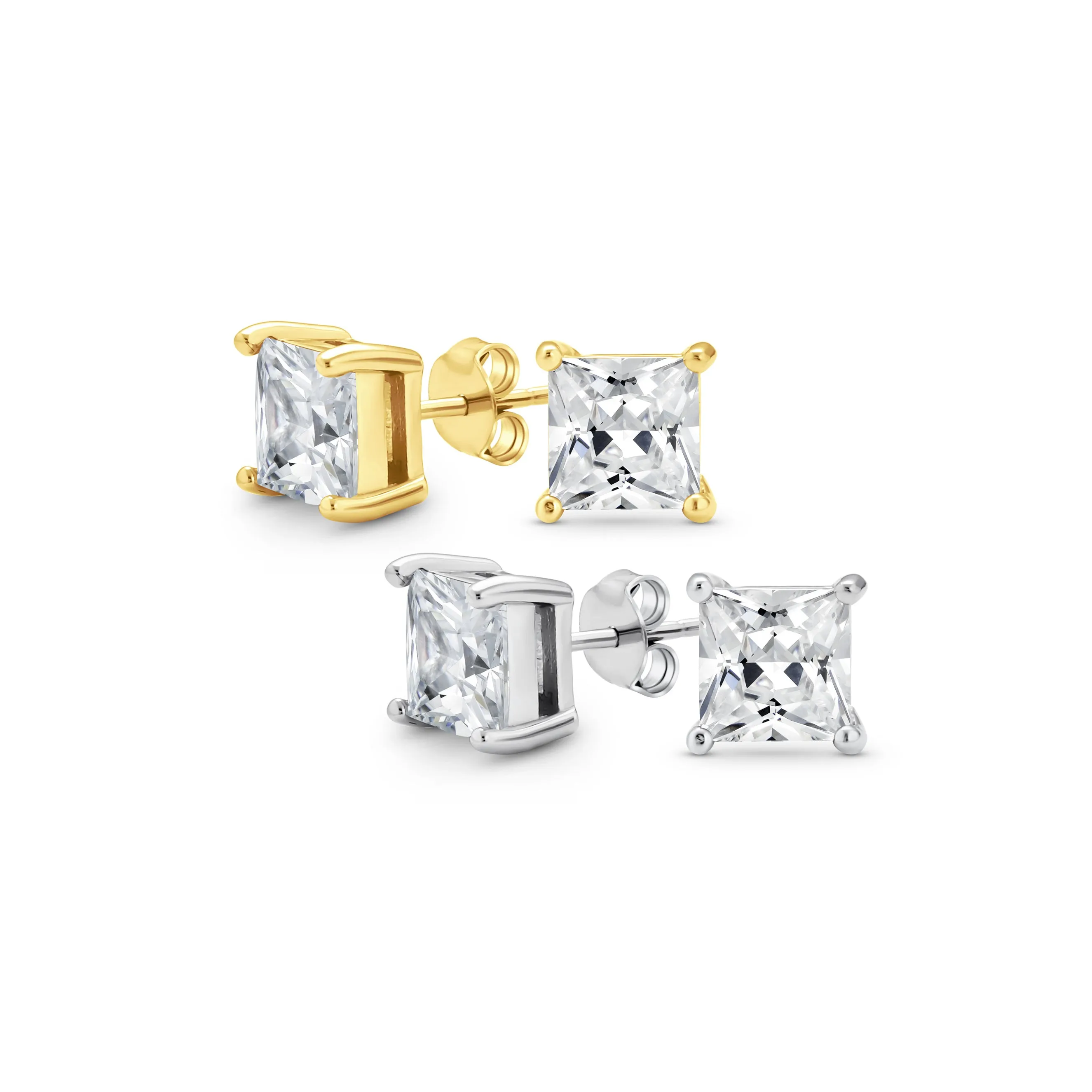 Set of 2 Square Princess CZ Stud Earrings Silver Gold Sterling Silver