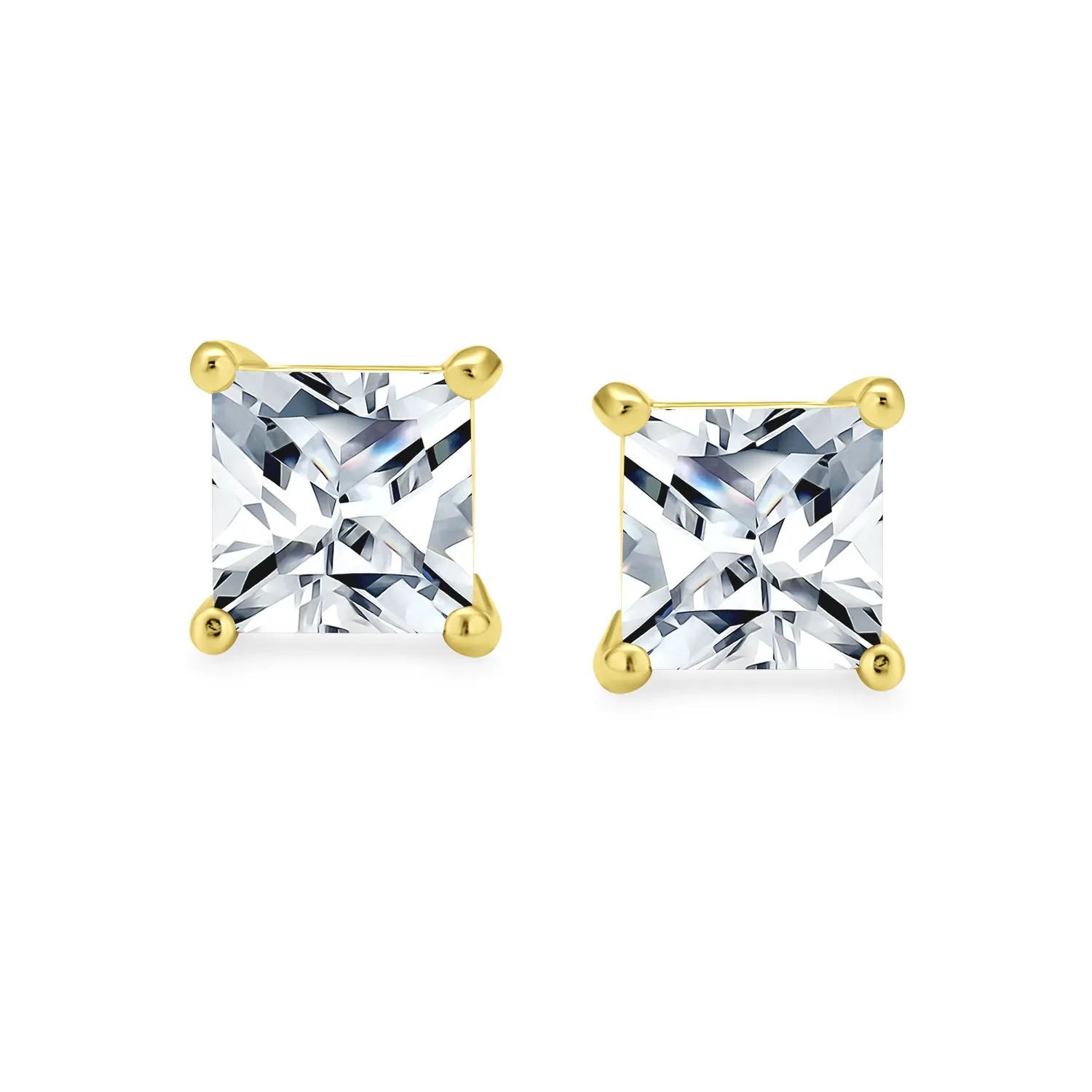 Set of 2 Square Princess CZ Stud Earrings Silver Gold Sterling Silver