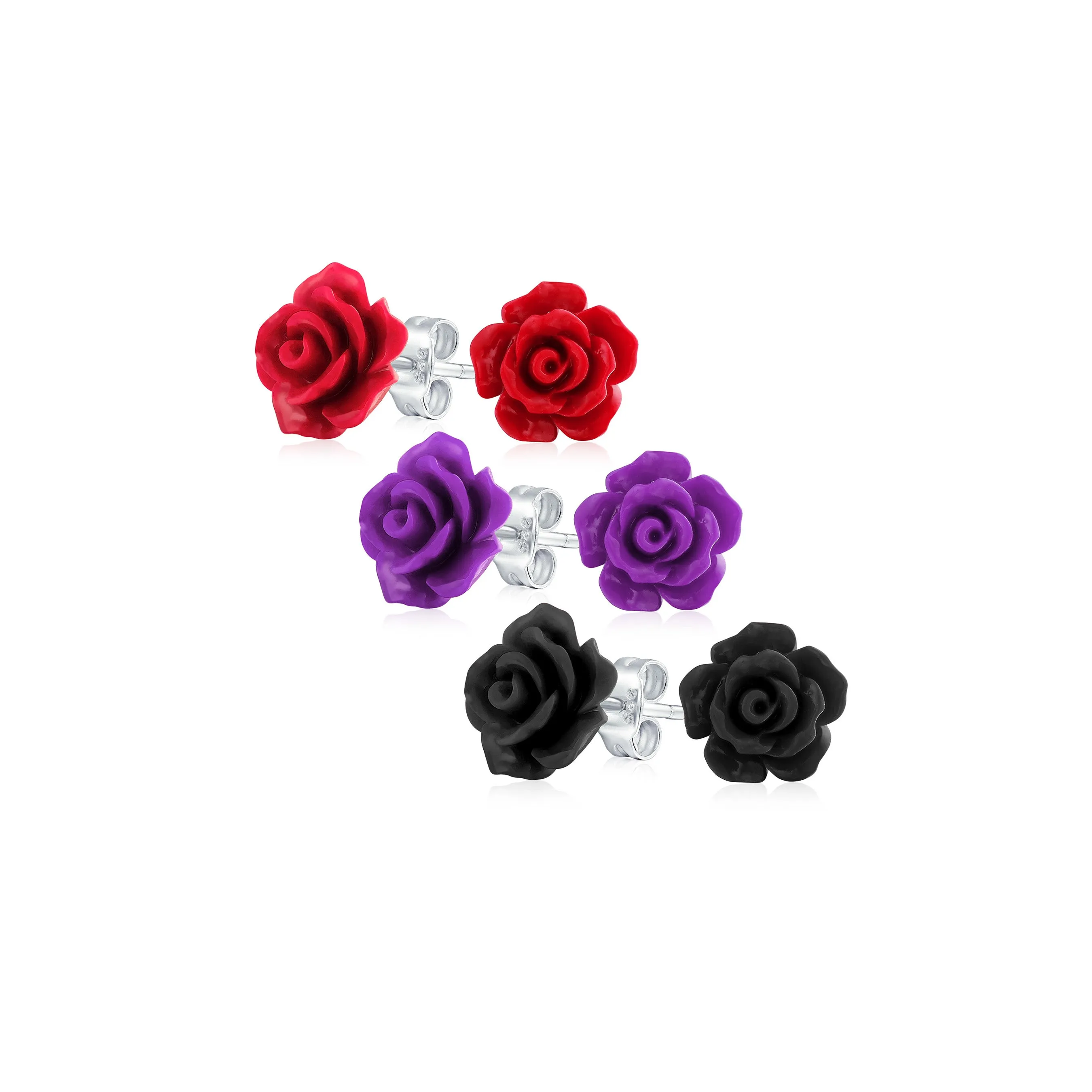 Set of 3 Romantic 3D Carved Multi Colors Rose Flower Post Stud Earrings 10MM