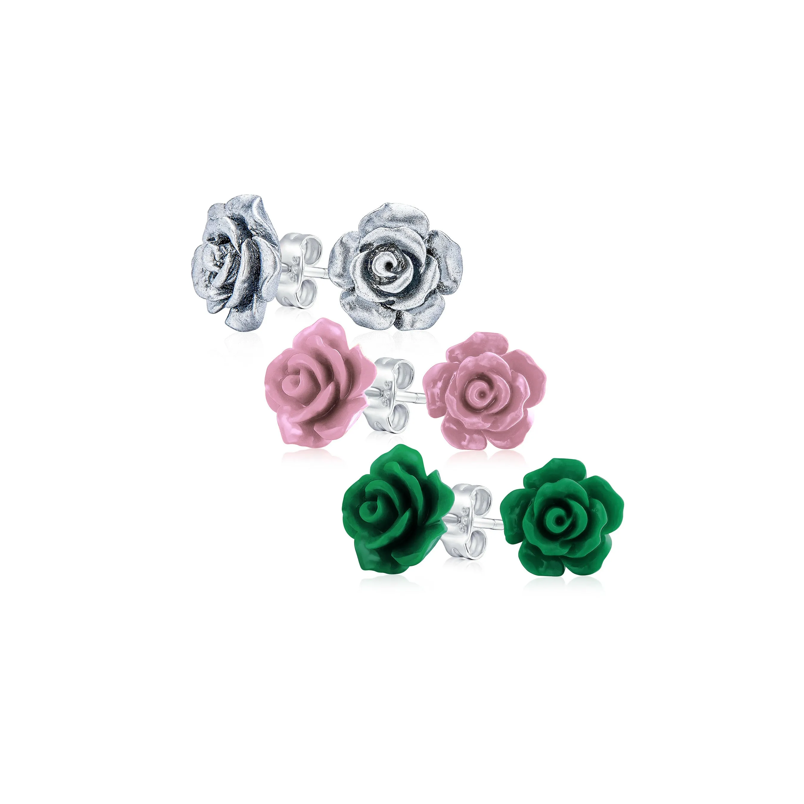 Set of 3 Romantic 3D Carved Multi Colors Rose Flower Post Stud Earrings 10MM