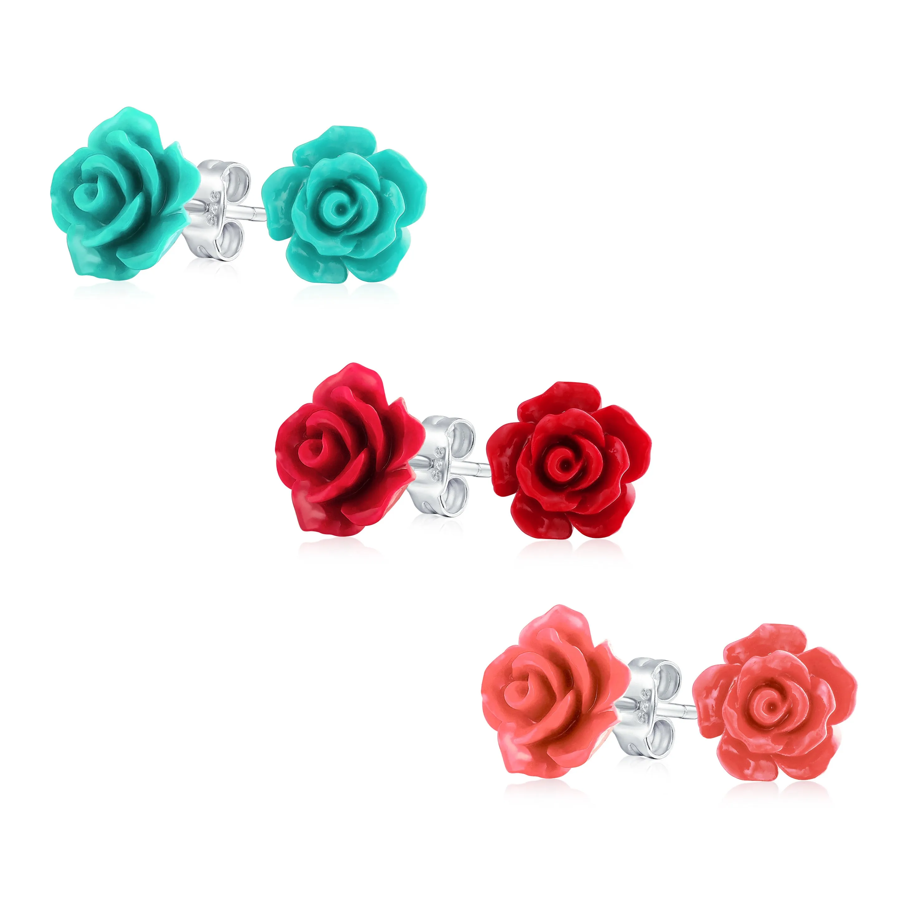 Set of 3 Romantic 3D Carved Multi Colors Rose Flower Post Stud Earrings 10MM