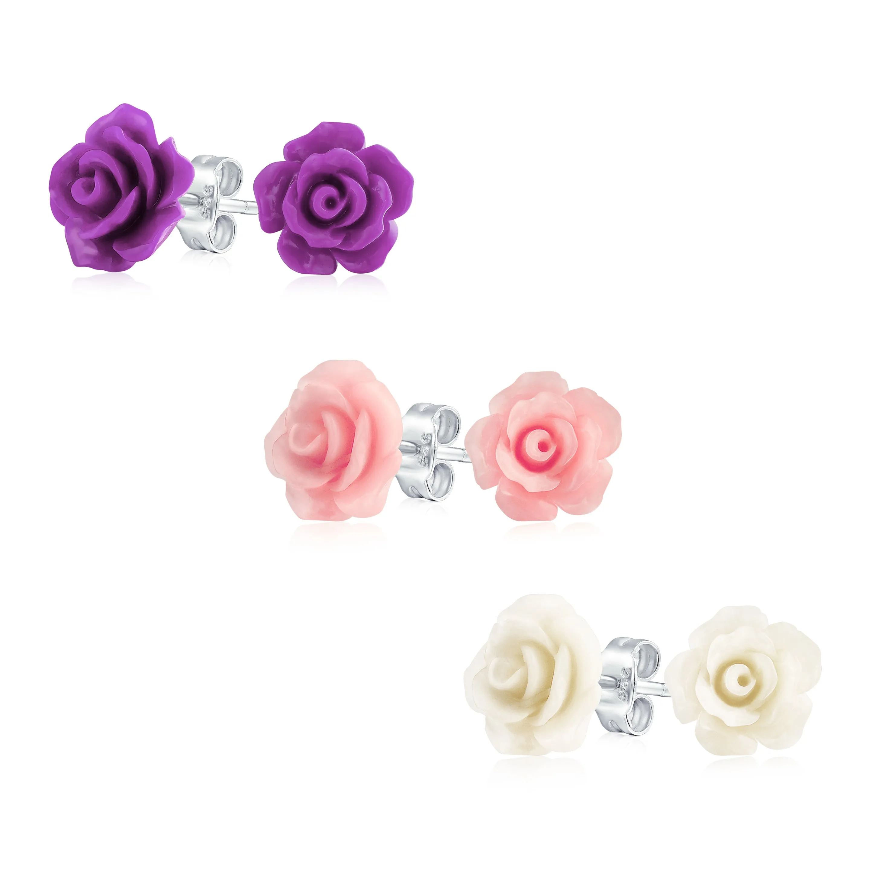 Set of 3 Romantic 3D Carved Multi Colors Rose Flower Post Stud Earrings 10MM