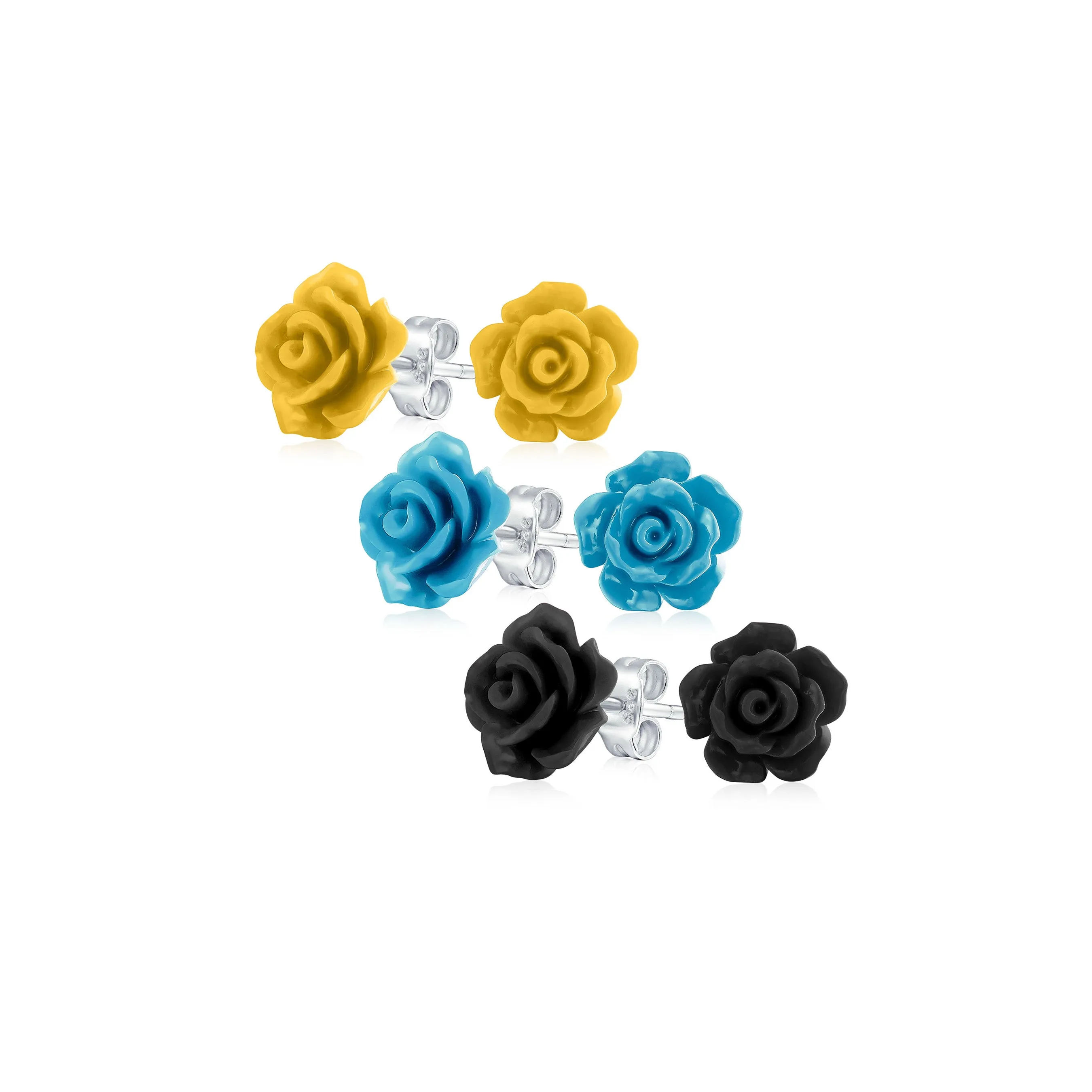 Set of 3 Romantic 3D Carved Multi Colors Rose Flower Post Stud Earrings 10MM