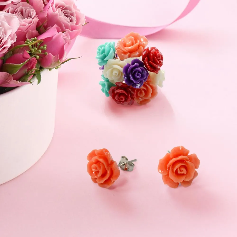 Set of 3 Romantic 3D Carved Multi Colors Rose Flower Post Stud Earrings 10MM