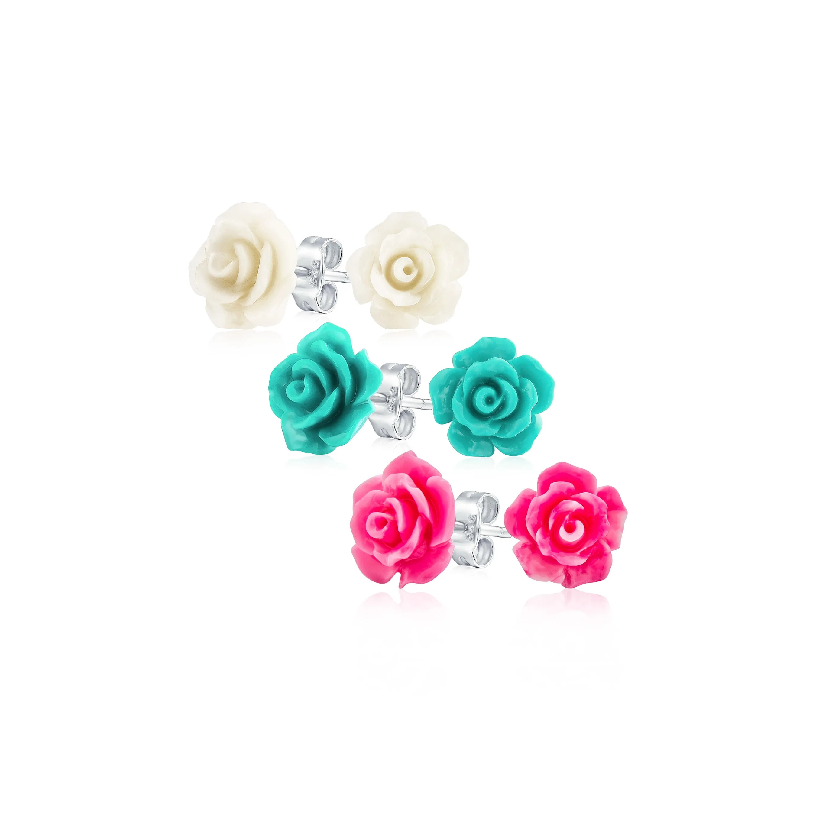 Set of 3 Romantic 3D Carved Multi Colors Rose Flower Post Stud Earrings 10MM