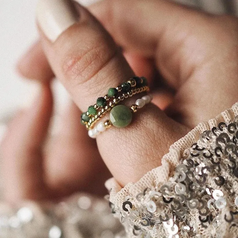 Set of Three Natural Stone Rings in Jade Beads and Stainless Steel