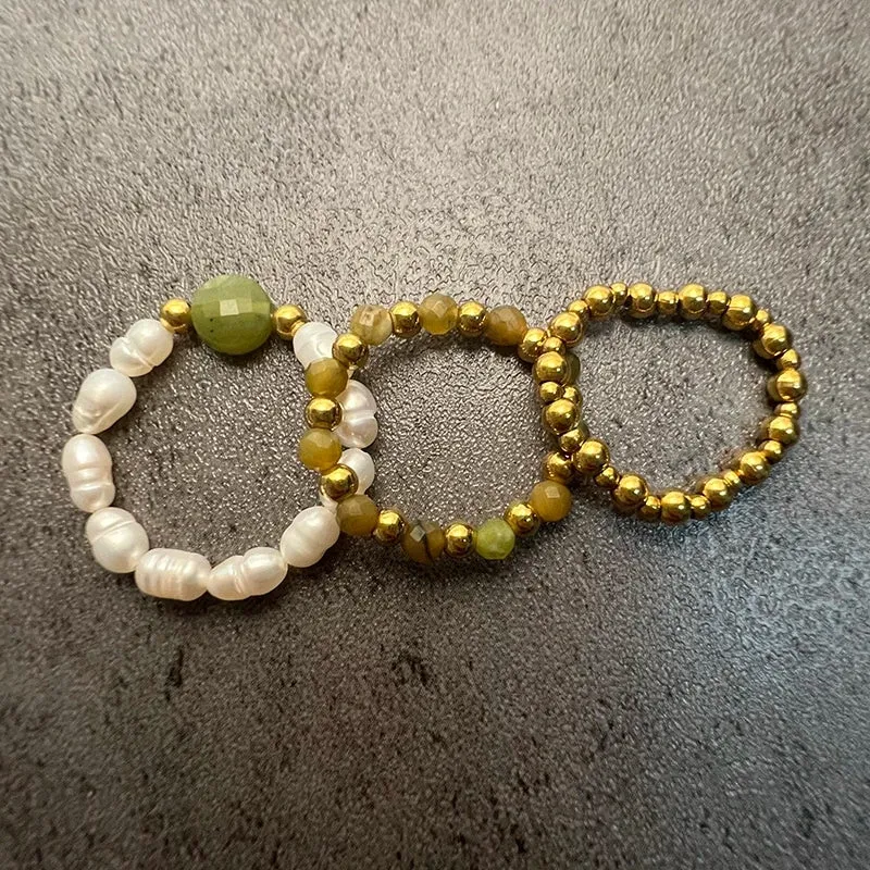 Set of Three Natural Stone Rings in Jade Beads and Stainless Steel