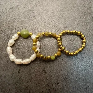 Set of Three Natural Stone Rings in Jade Beads and Stainless Steel