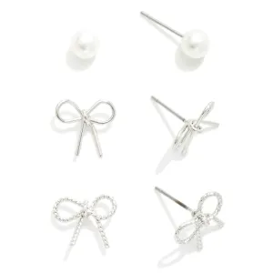 Set of Three Stud Earrings Featuring Bows and Simple Pearl Studs